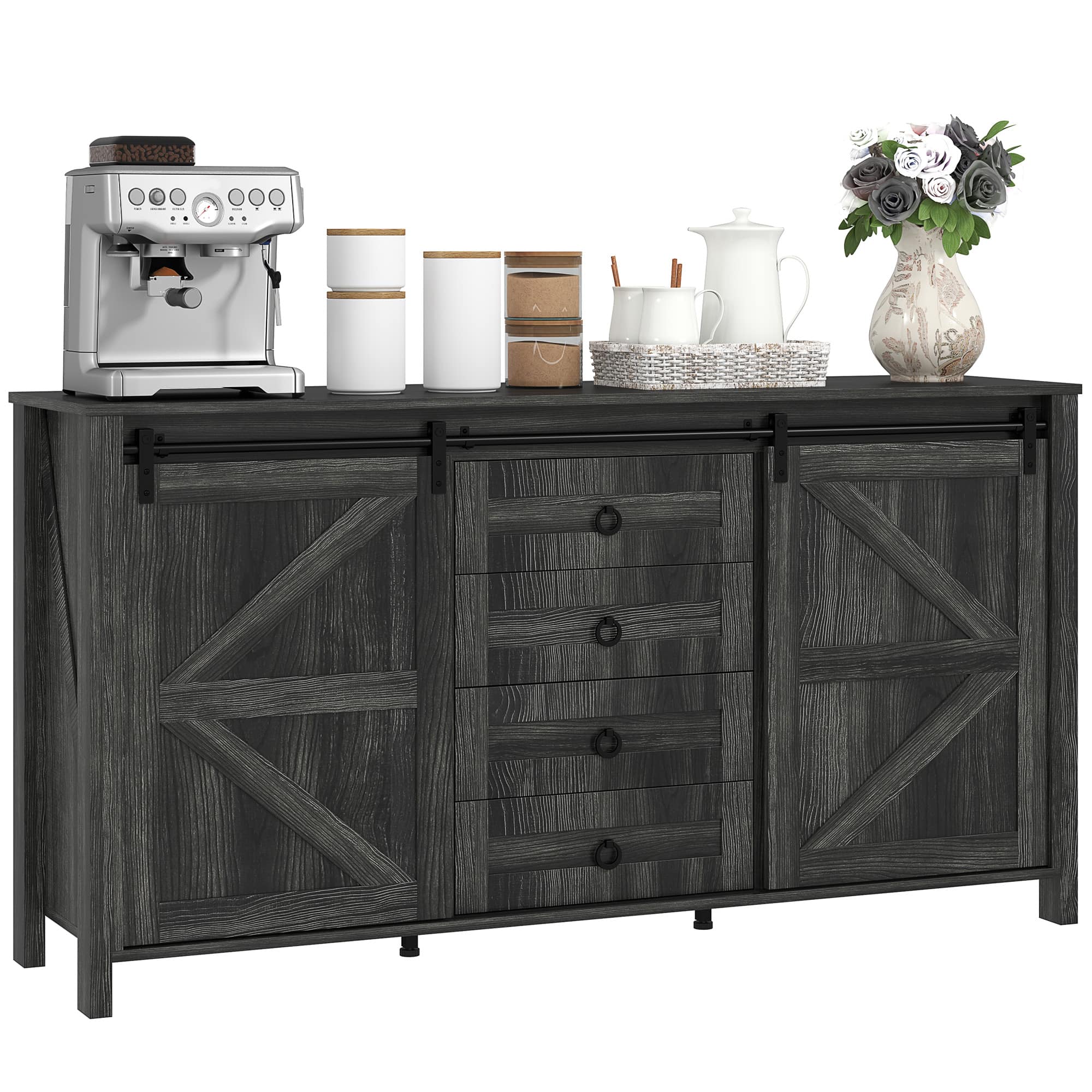 Homcom - 60" Farmhouse Sideboard Buffet Cabinet with Storage, Sliding Barn Doors, Deep Drawers and Adjustable Shelves - Distressed Dark Gray