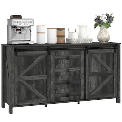 Front. Homcom - 60" Farmhouse Sideboard Buffet Cabinet with Storage, Sliding Barn Doors, Deep Drawers and Adjustable Shelves - Distressed Dark Gray.