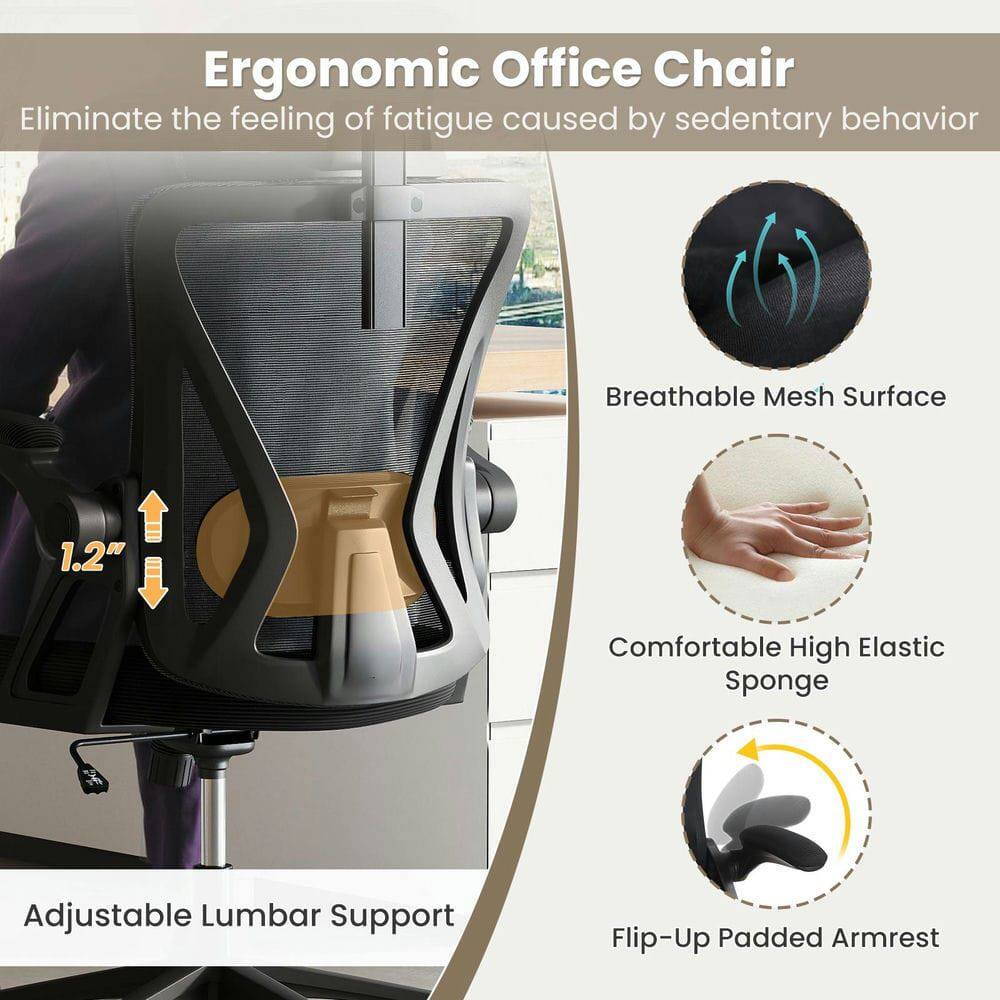 Ergonomic Office Chair  
Eliminate the feeling of fatigue caused by sedentary behavior  

- Breathable Mesh Surface  
- Comfortable High Elastic Sponge  
- Adjustable Lumbar Support (1.2")  
- Flip-Up Padded Armrest