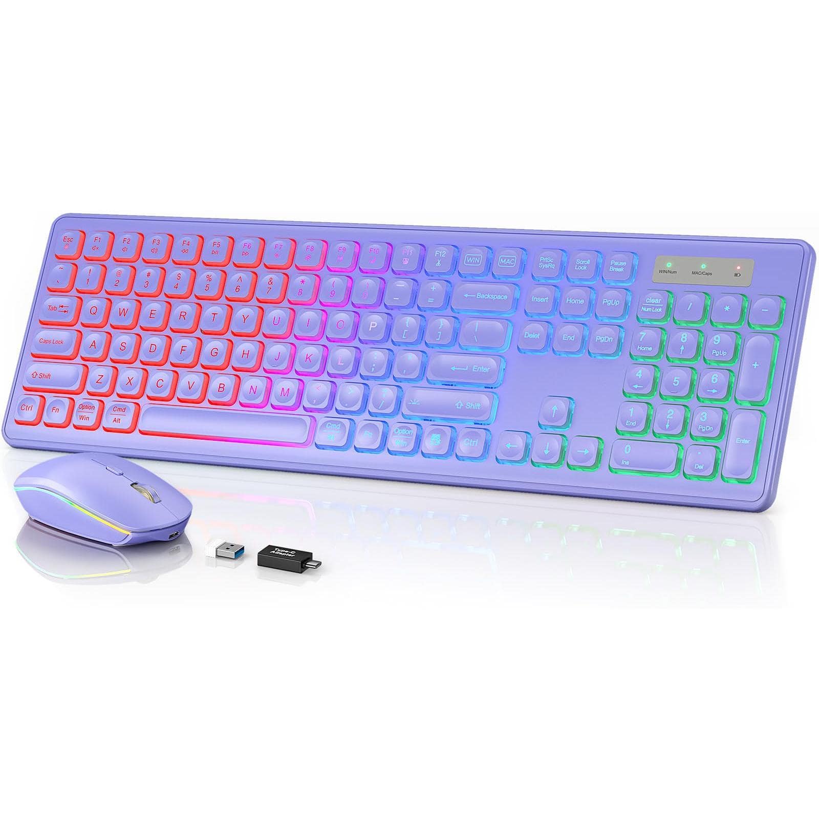 Cozy Serene - Wireless And Mouse Backlit Quiet Light Up Keys Tilt Sleep Mode - Rechargeable Usb Cordless Combo For Computer Imac Pc - Purple