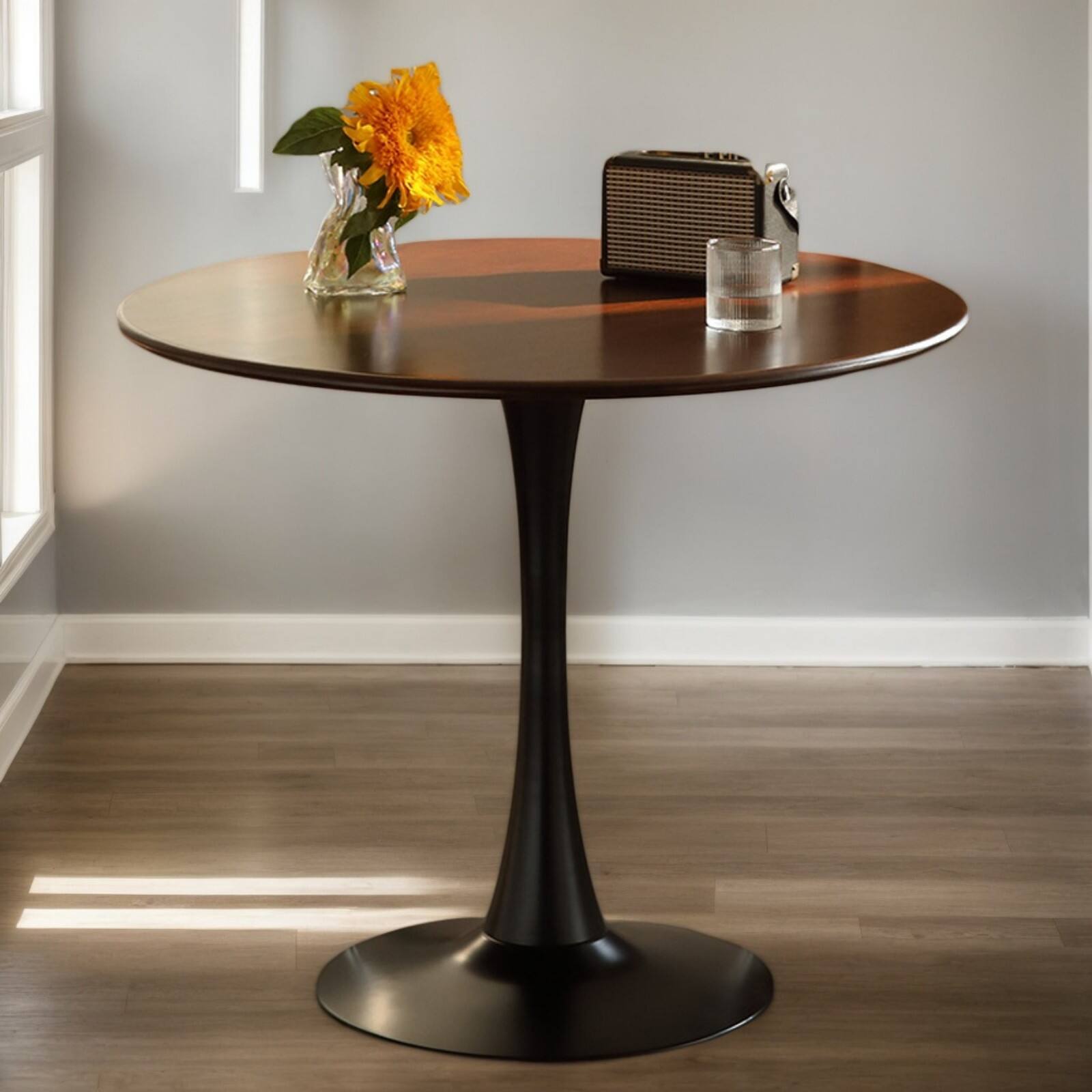 Alt View 1. Ecooso - 24" Modern Round Dining Table with Cylindrical Metal Base and Wood-Grain Top for Kitchen, Living Room, or Small Spaces - Walnut.