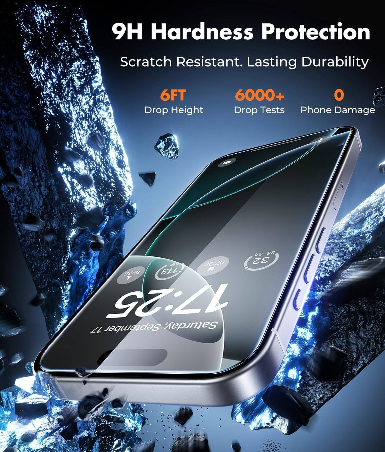 9H Hardness Protection  
Scratch Resistant. Lasting Durability  
6FT Drop Height  
6000+ Drop Tests  
0 Phone Damage  

34 26 AQI  
07:20  
32 113  
18:25  
17:25  
17 September Saturday
