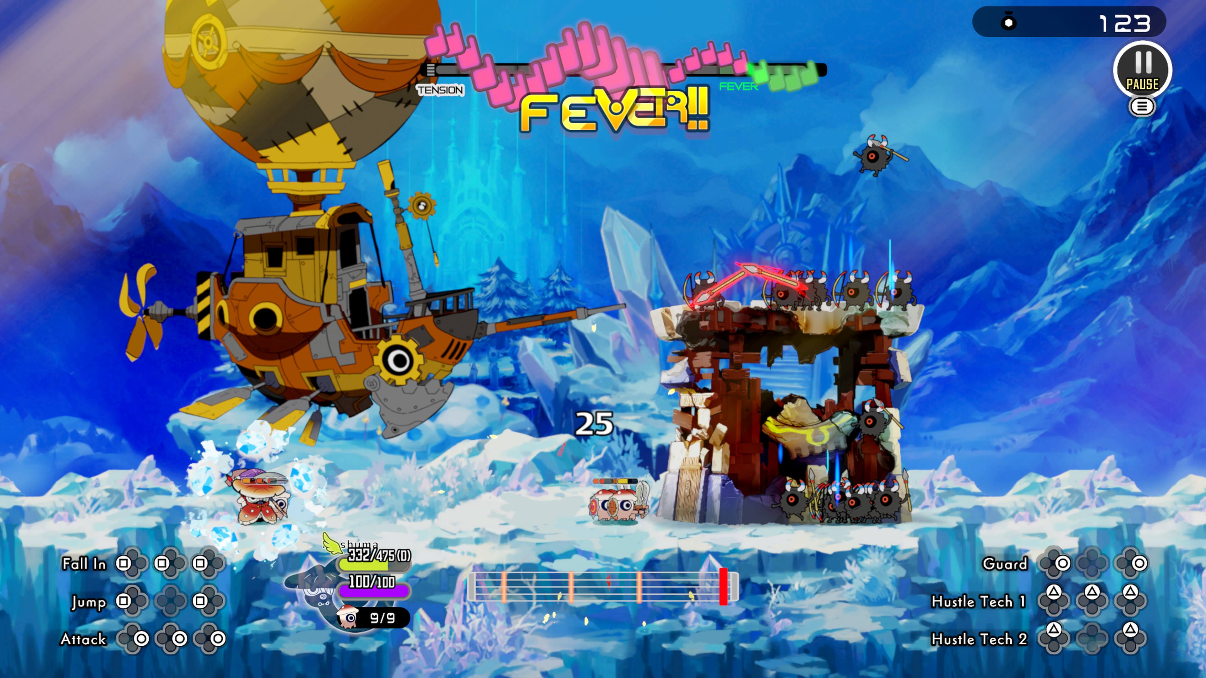 TENSION FEVER FEVER!!  
1 23 II PAUSE = 25  
Fall In Jump Attack  
332/475 332 475 (D)  
100/100  
9/9  
Guard Hustle Tech 1 Hustle Tech 2  
A A