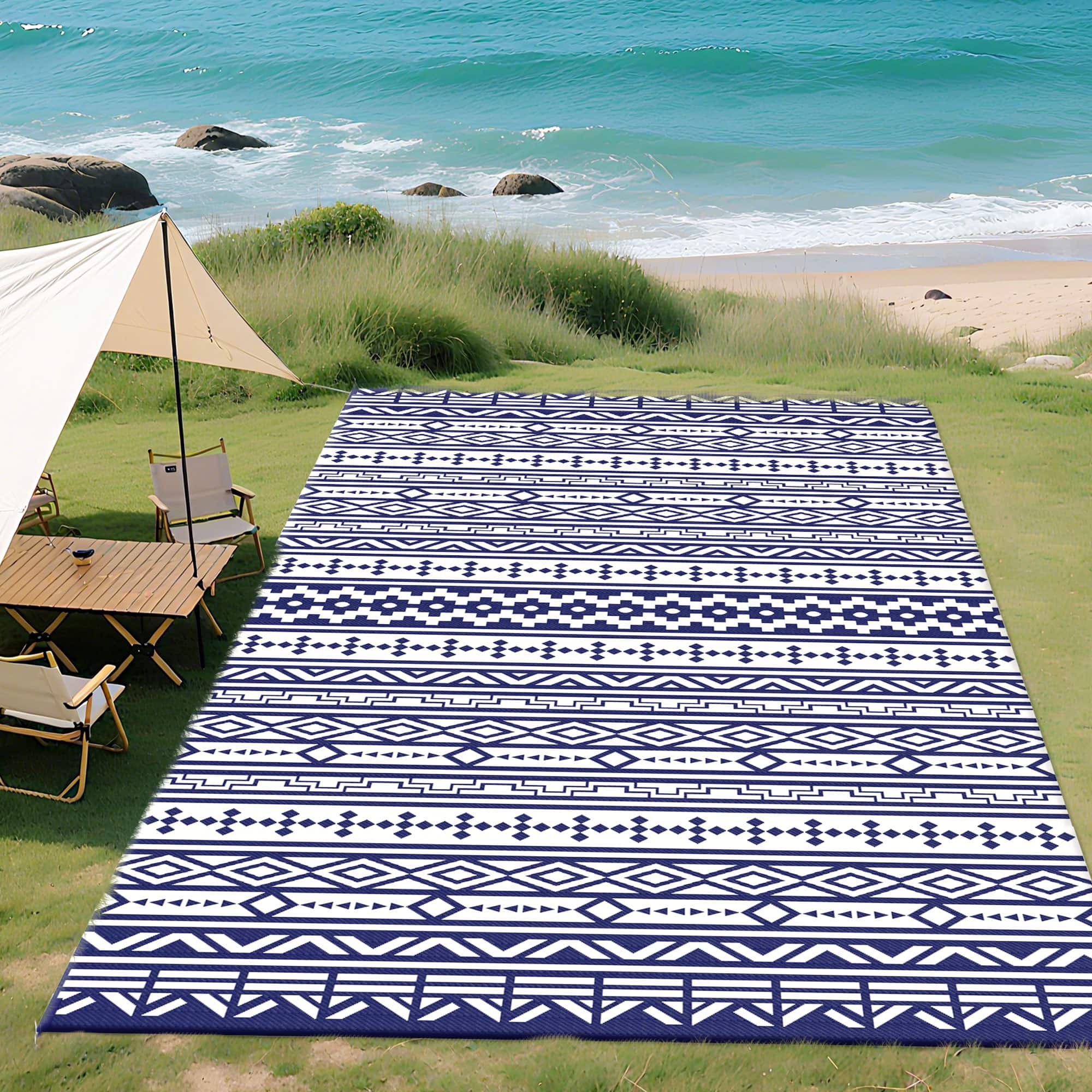 Outsunny - Outdoor Rug for Patio, 9' x 18' Waterproof Large Mat, Reversible Plastic Straw Rug for Décor - Blue and White Geometric Wall