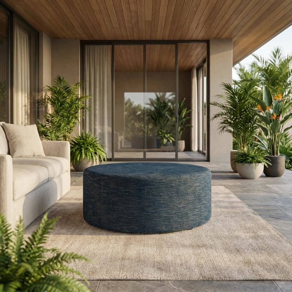 Angle. Outdoor Escape - Outdoor Woven Fabric Ottoman in Heathered Finish with Comfortable Upholstery - Blue.