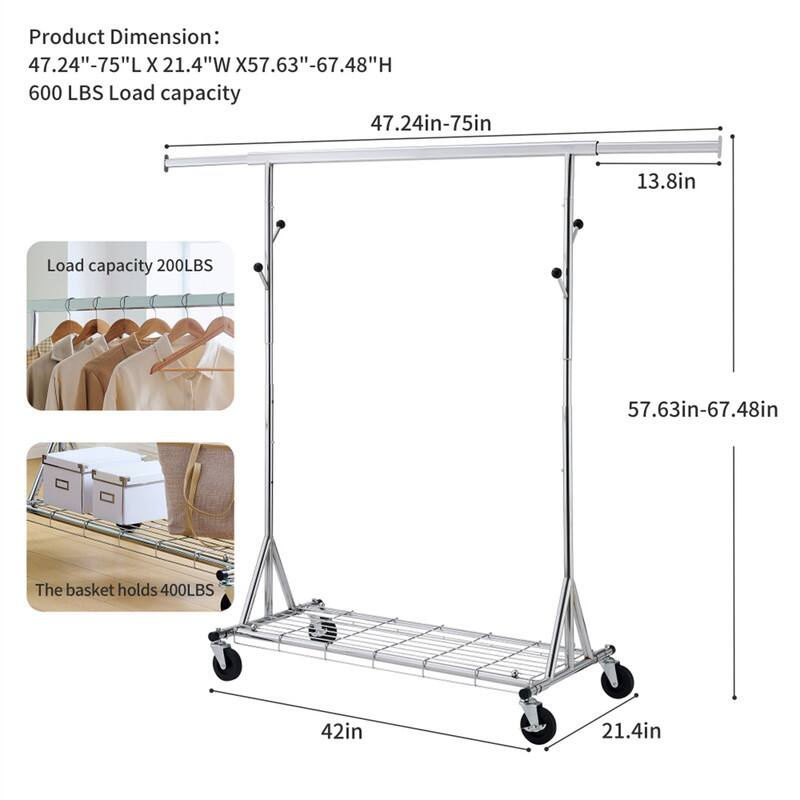 Product Dimension: 47.24"-75"L X 21.4"W X 57.63"-67.48"H  
600 LBS Load capacity  

Load capacity 200LBS  
The basket holds 400LBS  

47.24in-75in  
13.8in  
57.63in-67.48in  
42in  
21.4in