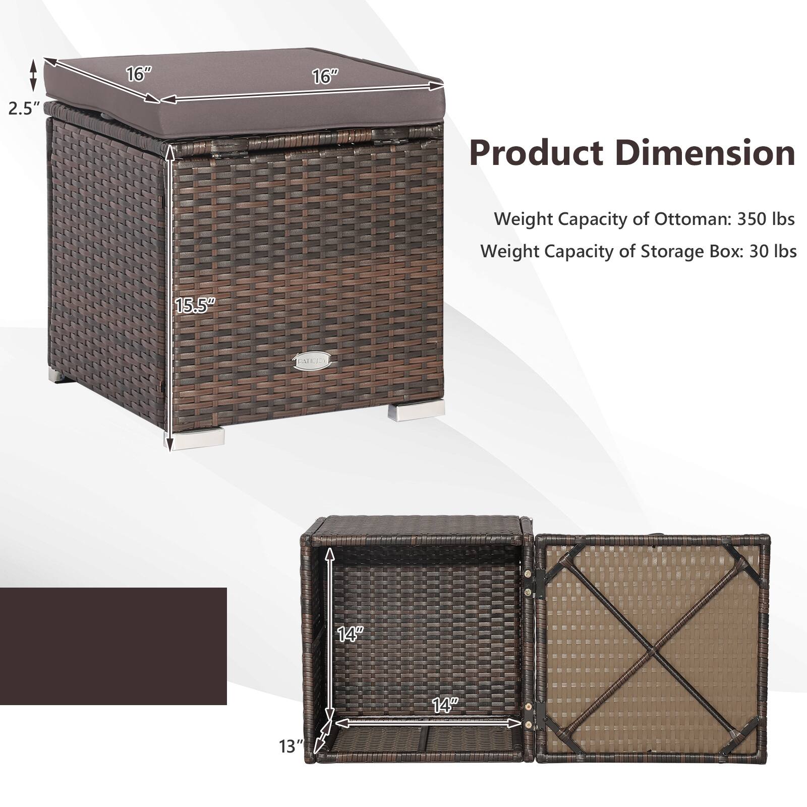 The text on the image is grouped and corrected as follows:

Product Dimension: 16" x 16" x 2.5"
Weight Capacity of Ottoman: 350 lbs
Weight Capacity of Storage Box: 30 lbs

The dimensions and weight capacities are now grouped together and correctly formatted.