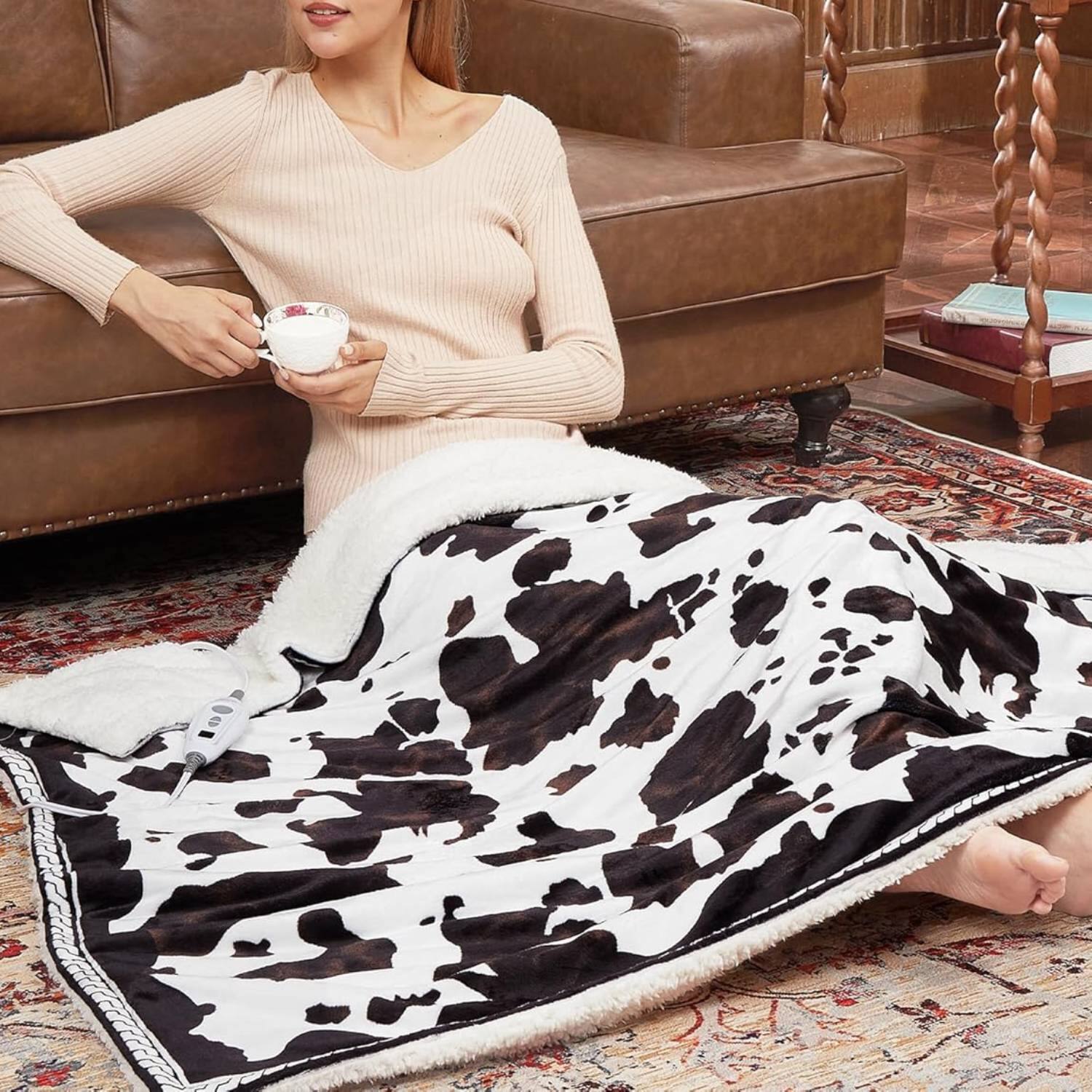 Acekool - 84"*90" Cow Print 10 Heat Levels Electric Heating Blanket, Machine Washable - Brown+White
