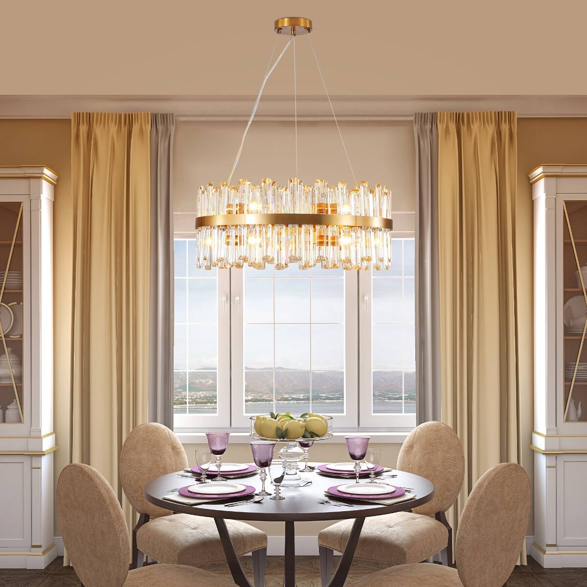 Angle. Loheer - Loheer Modern Gold Crystal Chandelier, 23.6 in Circular Fixture for Dining and Living Rooms.