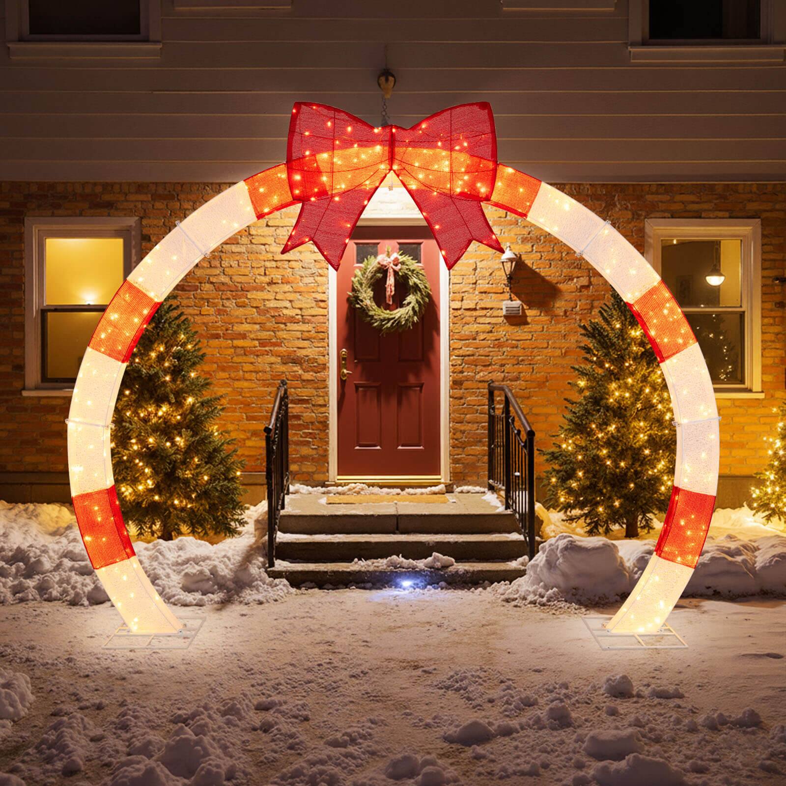 Costway - 10.4 FT Christmas Archway with Large Bow & Warm White LED Lights, Widened Bases Advent Calendar - Red + White