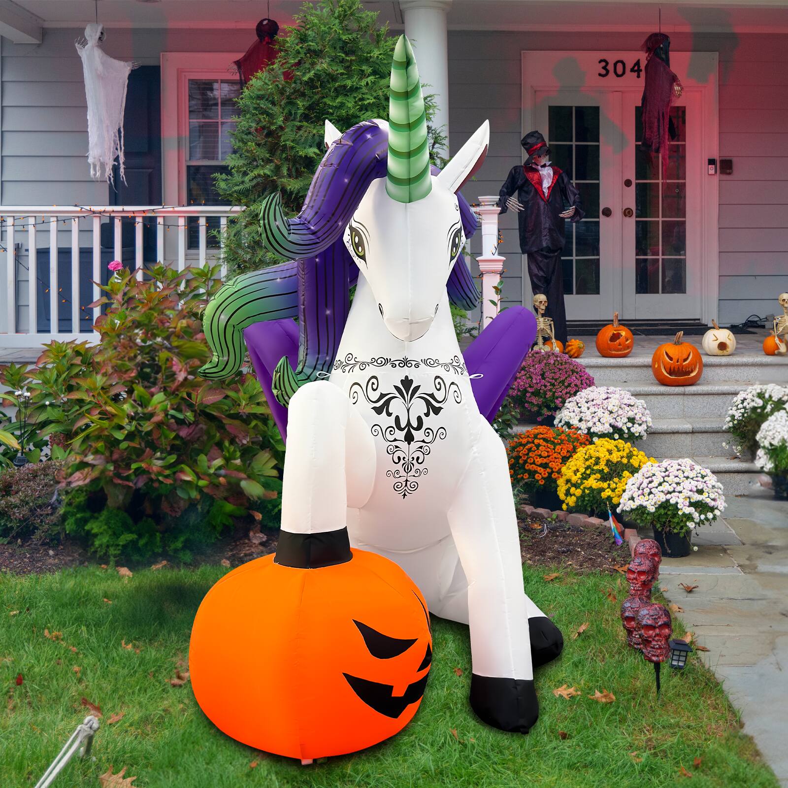 Back. GOOSH Inflatables - GOOSH 6FT Inflatable Halloween Unicorn with Pumpkin – Light-Up Yard Decoration - White.