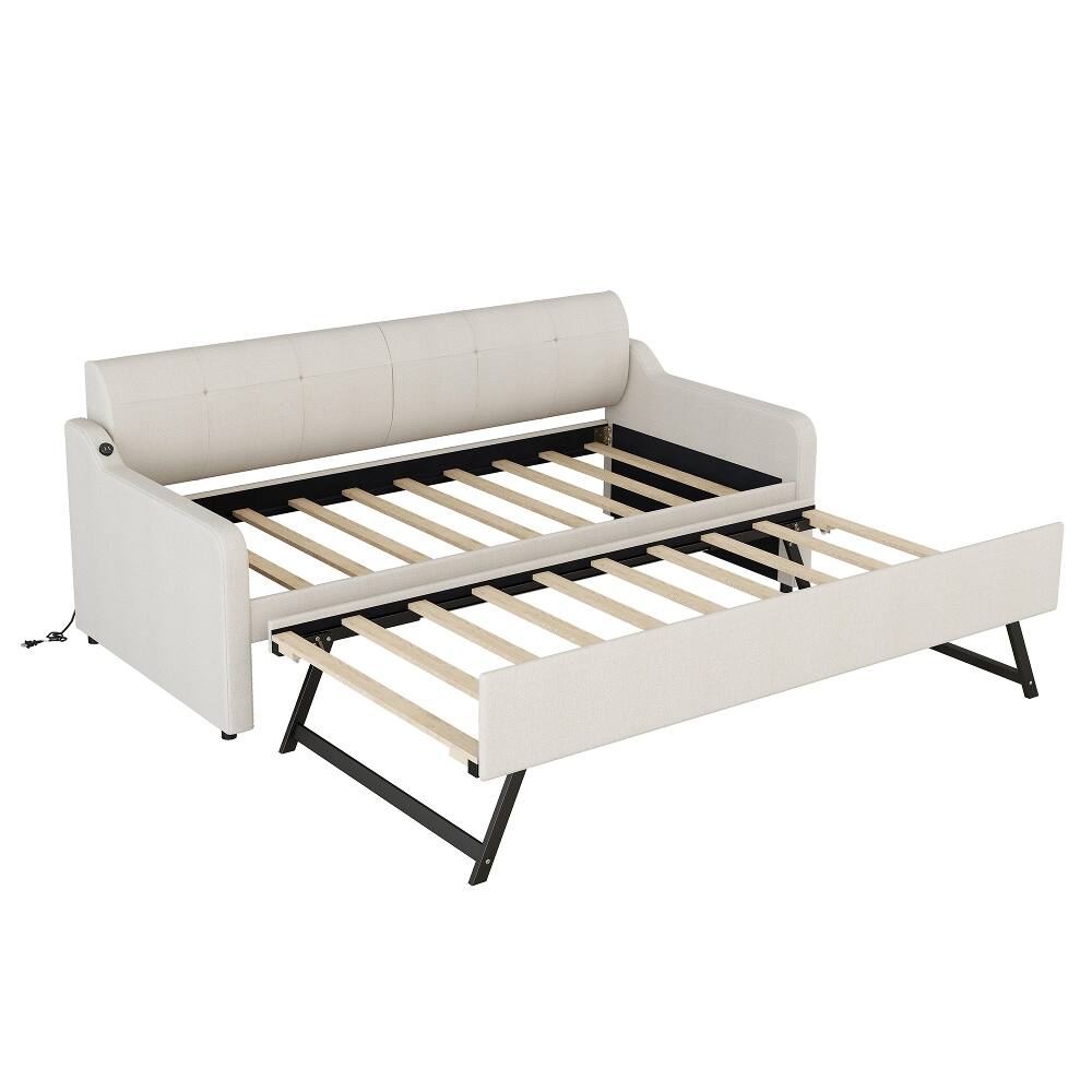 Alt View 8. Loheer - Loheer Twin Daybed with Trundle Upholstered Beige Sofa Bed USB - Beige.