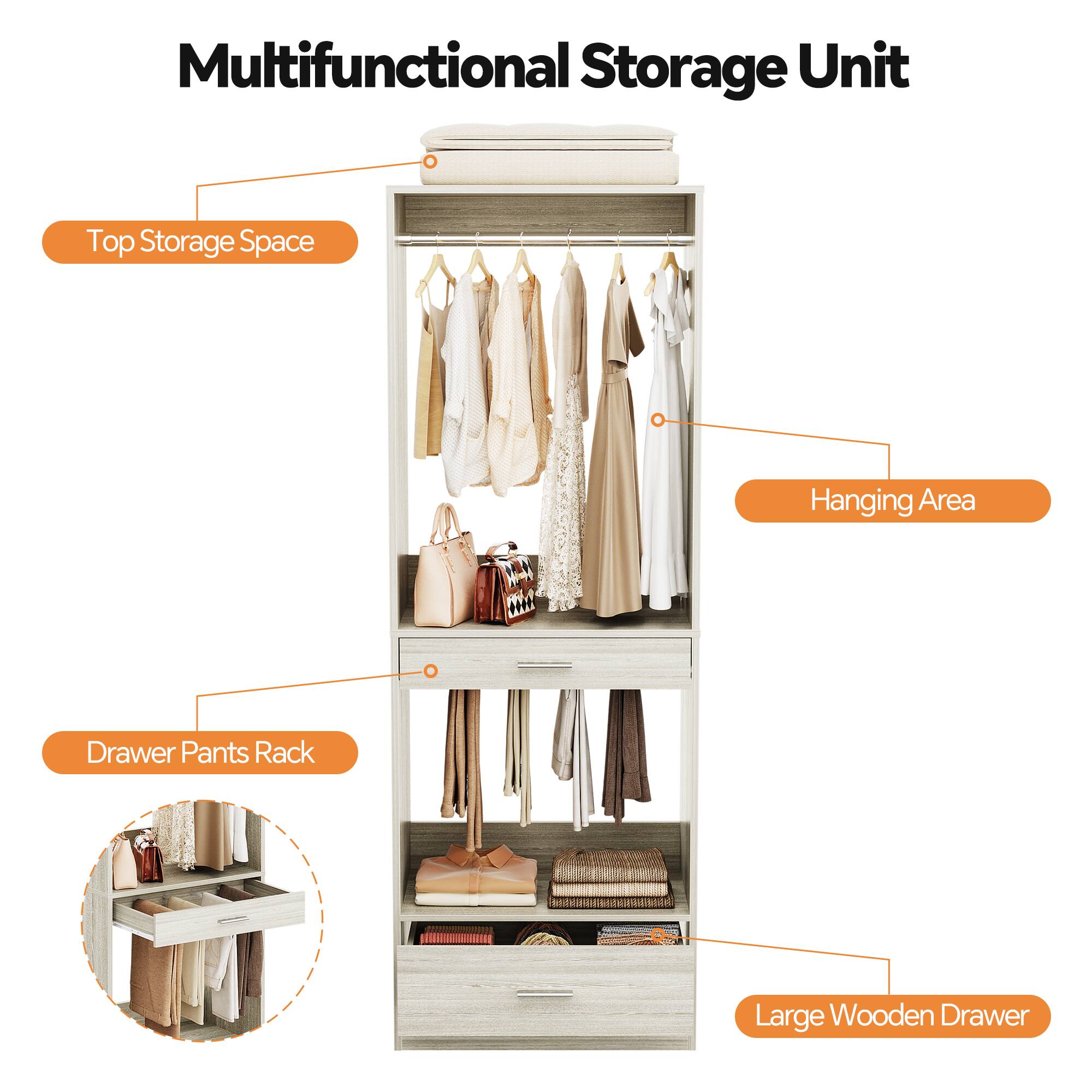 Multifunctional Storage Unit

- Top Storage Space
- Hanging Area
- Drawer Pants Rack
- Large Wooden Drawer