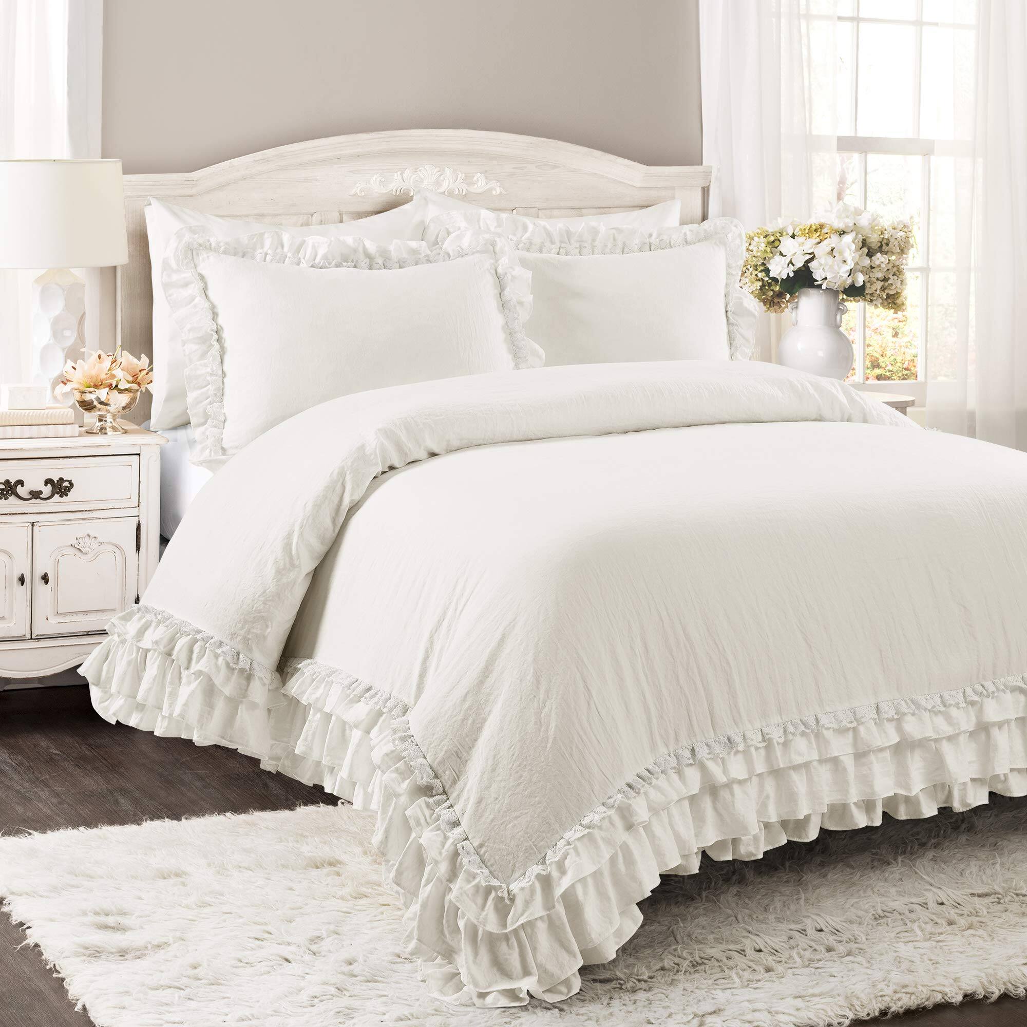 Left. Comfort Essence - Ella Ruffle Lace Comforter 3 Piece Set Fullqueen Cute Queen Bedding Coquette Trim - White-King-Duvet.