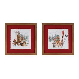 BreeBe - Framed Dog Sled and Ski Print Under Glass (Set of 2) - Red, White, Brown