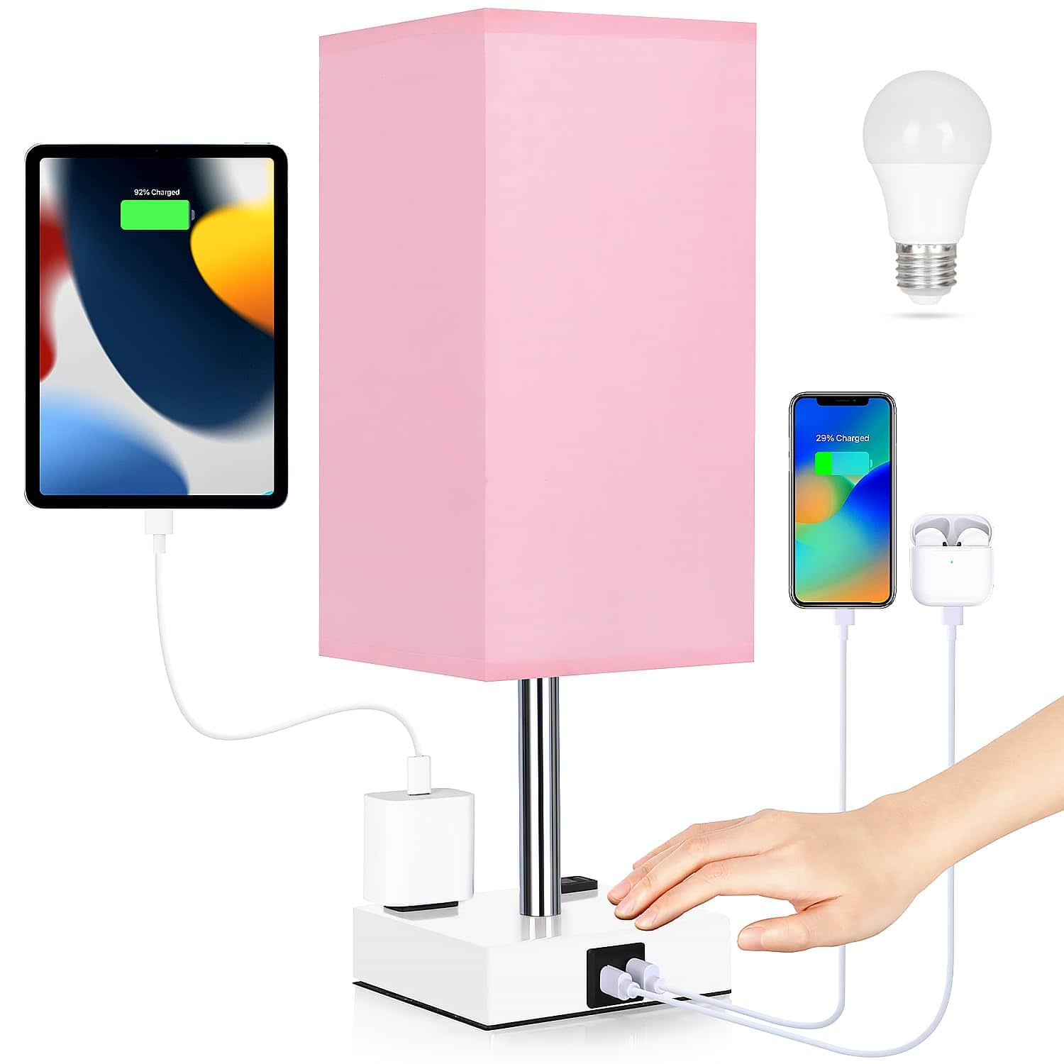 Reds Spade - Bedside Table Lamp Bedroom Touch Lamp USB Charging Ports Outlets Way Dimmable Nightstand Light Living - Pink