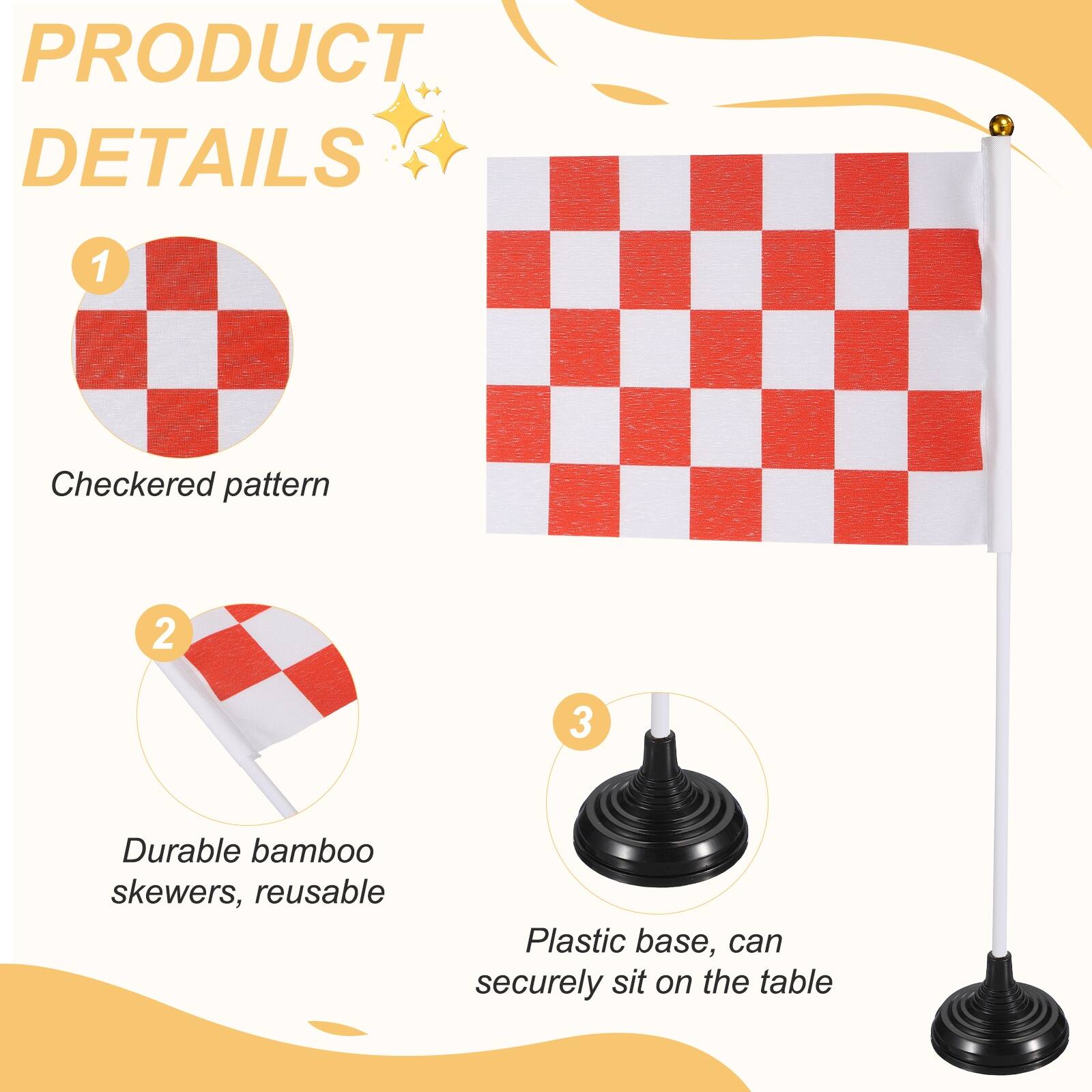 PRODUCT DETAILS

1. Checkered pattern

2. Durable bamboo skewers, reusable

3. Plastic base, can securely sit on the table