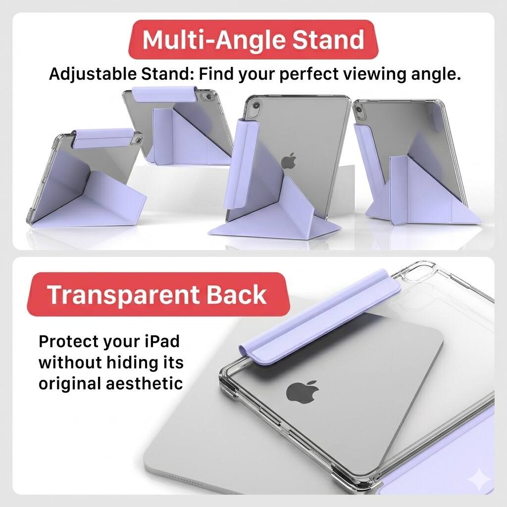 Multi-Angle Stand  
Adjustable Stand: Find your perfect viewing angle.

Transparent Back  
Protect your iPad without hiding its original aesthetic.