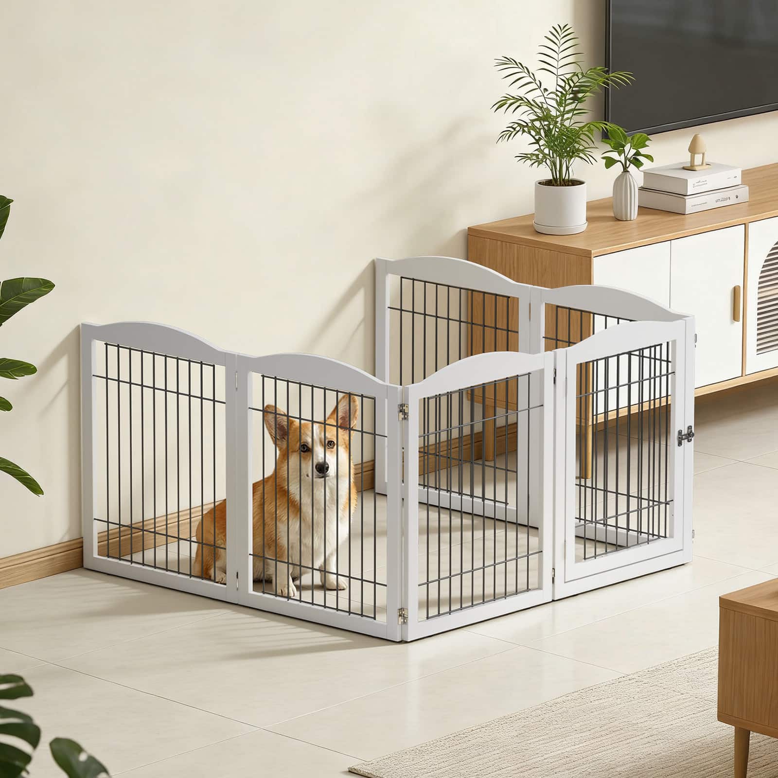 Winado - Freestanding Dog Gate with Door, Pet Gate with Walk Through Door Foldable Pet Safety Fence for Stairs Doorways Fireplace - White