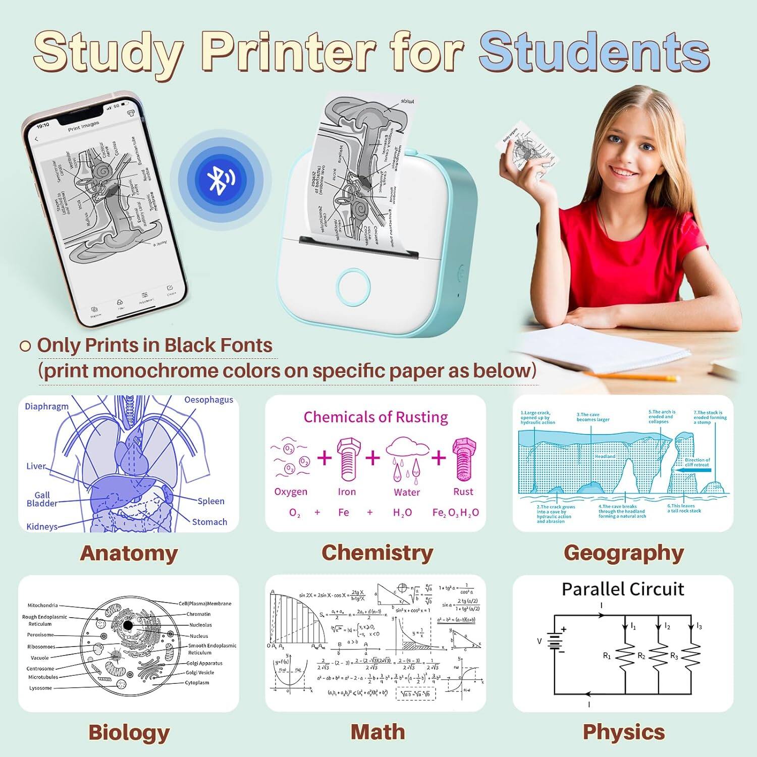 Study Printer for Students

- Only Prints in Black Fonts (print monochrome colors on specific paper as below)

Anatomy
- Diaphragm
- Oesophagus
- Liver
- Gall Bladder
- Spleen
- Stomach
- Kidneys

Chemistry
- Chemicals of Rusting
  - Oxygen (O₂)
  - Iron (Fe)
  - Water (H₂O)
  - Rust (Fe, O, H, O)

Biology
- Microtubules
- Rough Endoplasmic Reticulum
- Ribosomes
- Vesicles
- Smooth Endoplasmic Reticulum
- Golgi Apparatus
- Lysosomes
- Mitochondria
- Nucleus
- Cytoplasm

Math
- [Mathematical equations and graphs]

Geography
- [Geographical diagrams]

Physics
- Parallel Circuit
  - V
  - R₁, R₂, R₃
  - I₁, I₂, I₃

- [Other diagrams and text related to the study subjects]