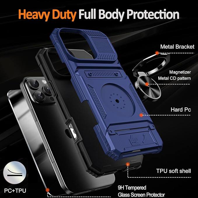 Heavy Duty Full Body Protection

- Metal Bracket
- Magnetizer
- Metal CD pattern
- Hard Pc
- TPU soft shell
- 9H Tempered Glass Screen Protector

PC+TPU