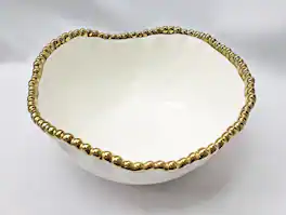 Jiallo - 8.75" Contemporary Gold Bead Salad Bowl – Modern Decorative Serving Bowl with Beaded Rim - White