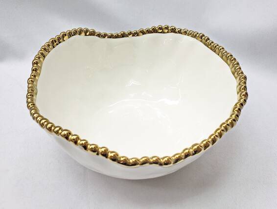 Front. Jiallo - 8.75" Contemporary Gold Bead Salad Bowl – Modern Decorative Serving Bowl with Beaded Rim - White.