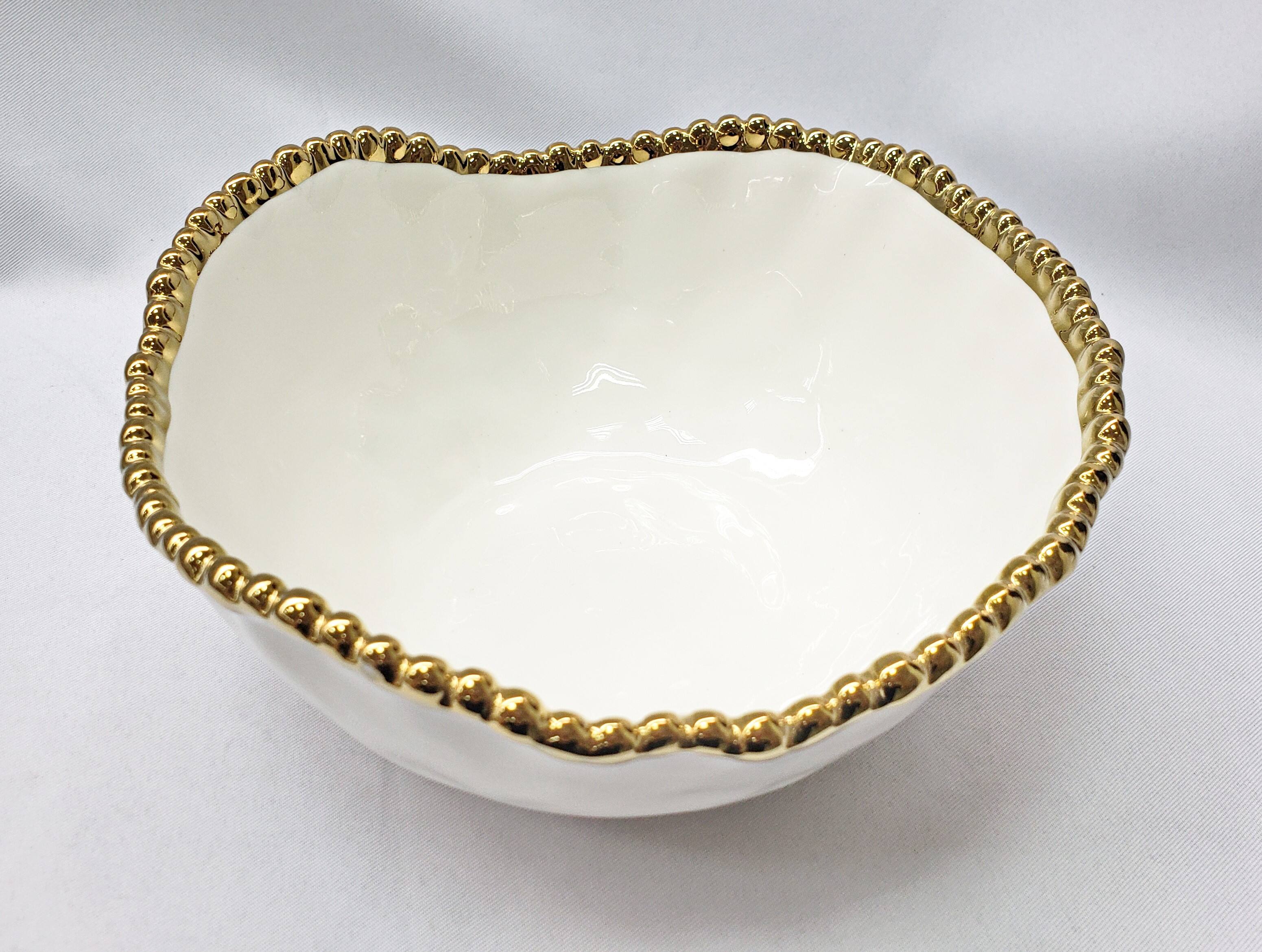 Front. Jiallo - 8.75" Contemporary Gold Bead Salad Bowl – Modern Decorative Serving Bowl with Beaded Rim - White.