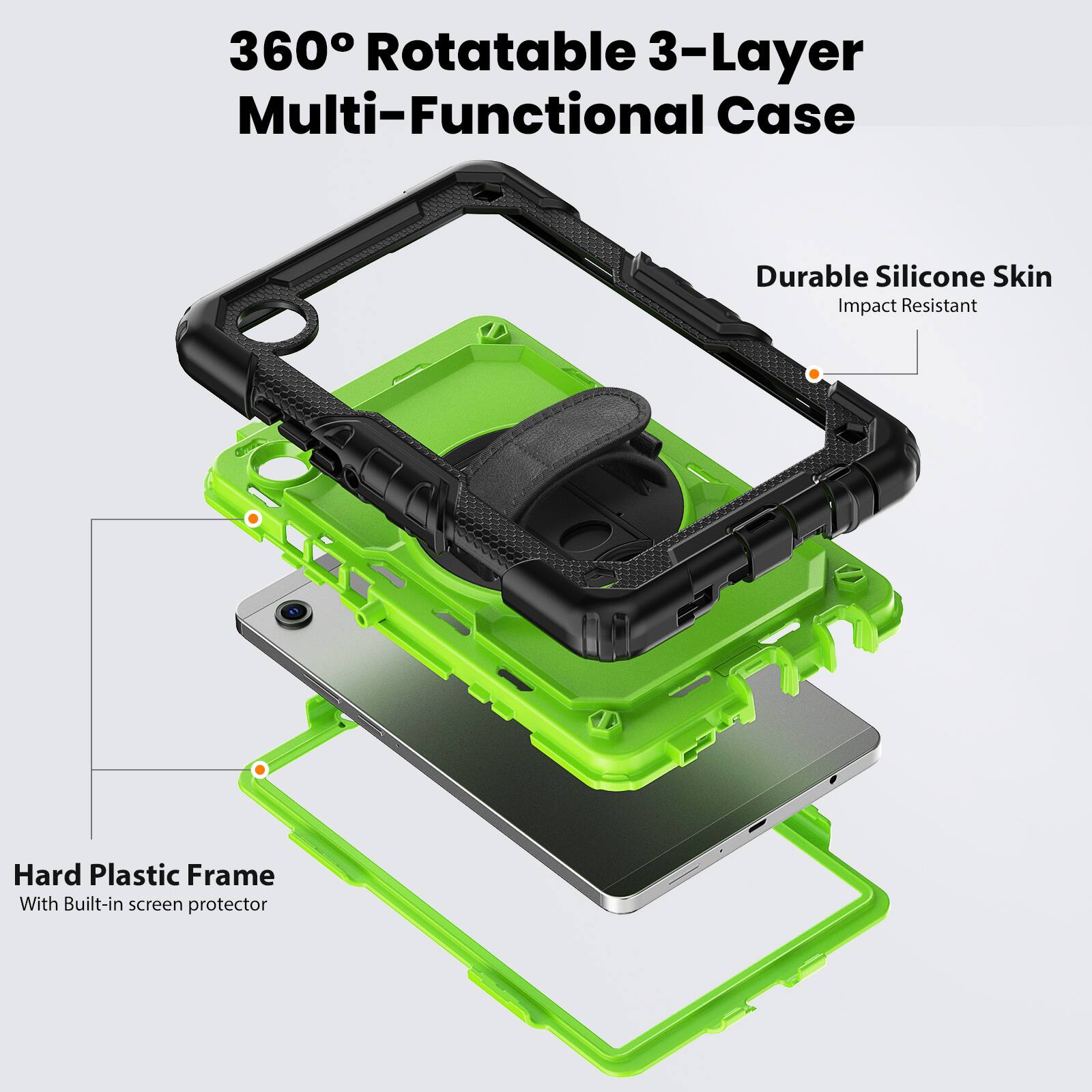 360° Rotatable 3-Layer Multi-Functional Case  
Durable Silicone Skin  
Impact Resistant  
Hard Plastic Frame  
With Built-in screen protector