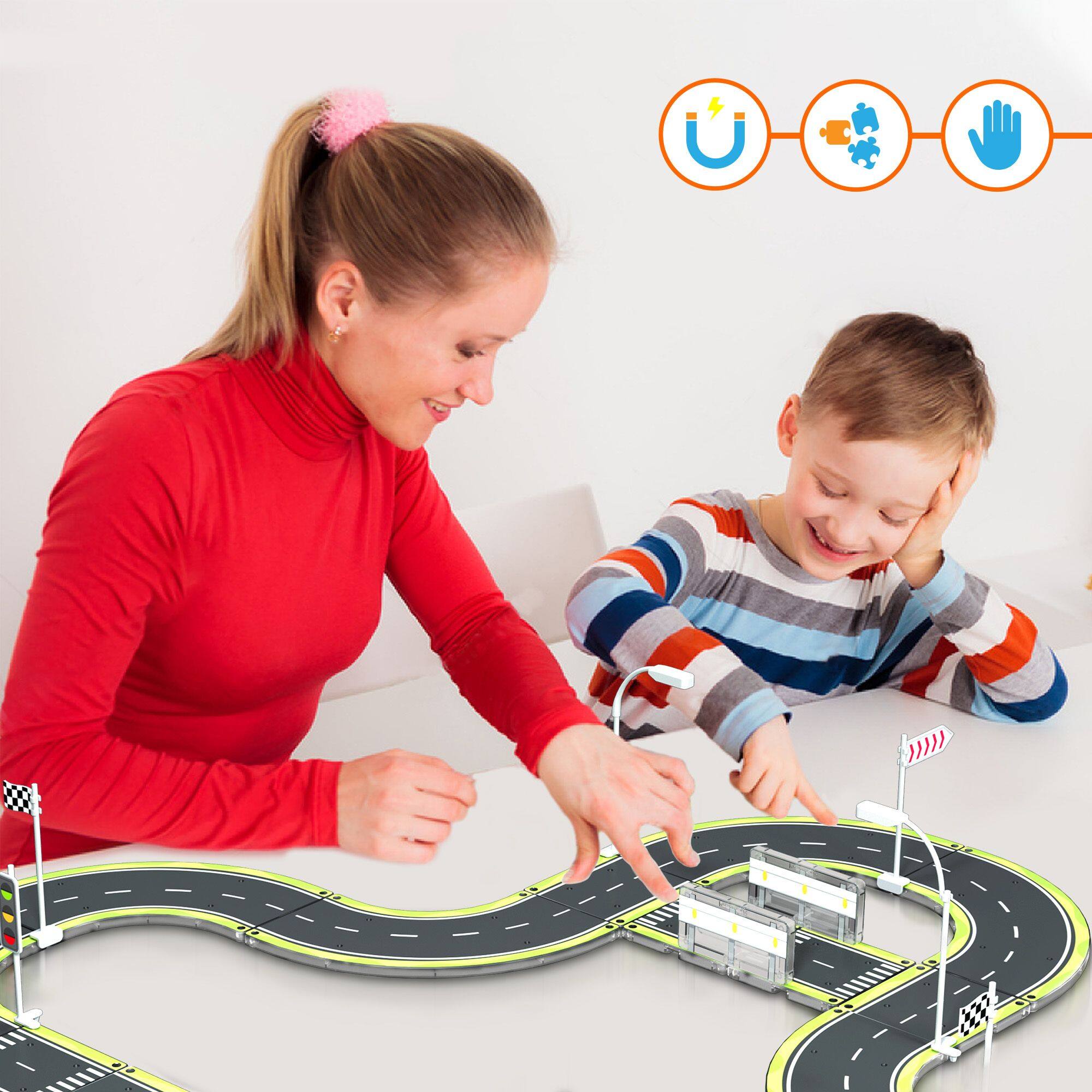 Alt View 4. PicassoTiles - PICASSO-TILES Race Tracks Magnetic Tiles for Kids, Highway Road Set with Bumper Barricade, STEM Building Blocks Toy - Multicolor.