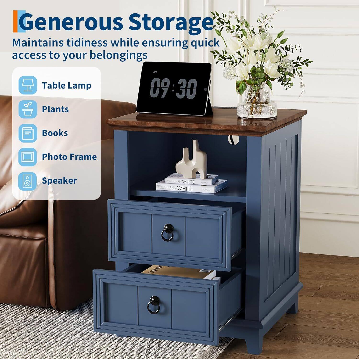 Generous Storage  
Maintains tidiness while ensuring quick access to your belongings  

- Table Lamp  
- Plants  
- Books  
- Photo Frame  
- Speaker  

09:30  

WHITE  
WHITE