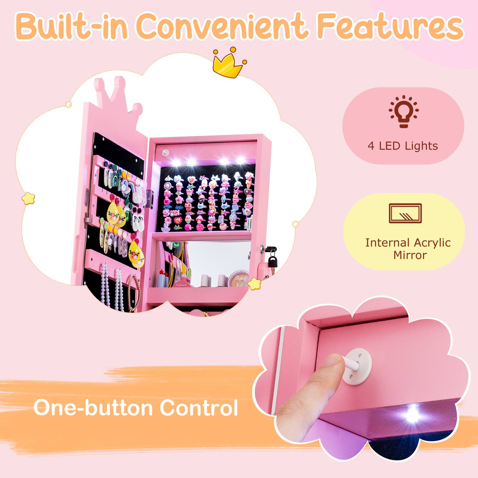 Built-in Convenient Features

- 4 LED Lights
- Internal Acrylic Mirror
- One-button Control