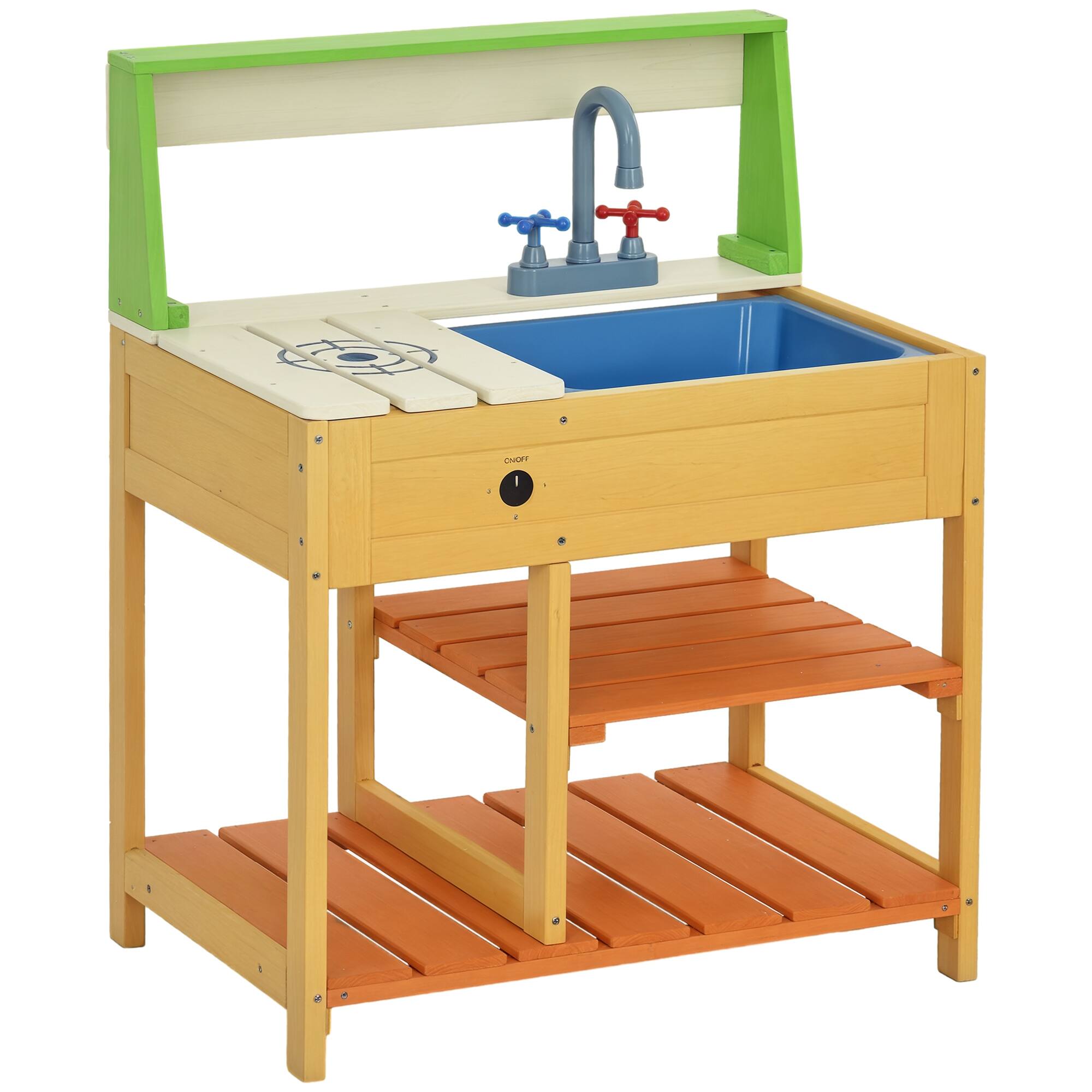 Front. Outsunny - Outdoor Mud Kitchen, Wooden Kitchen Playset, Realistic Play Toys, Faucet and Sink, Storage Shelves, Ages 3-8 Years.