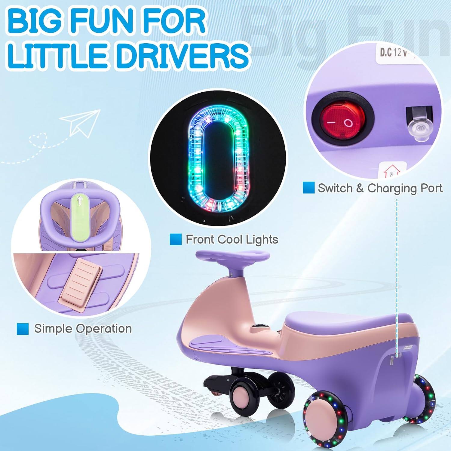 BIG FUN FOR LITTLE DRIVERS

- D.C12V
- Switch & Charging Port
- Front Cool Lights
- Simple Operation