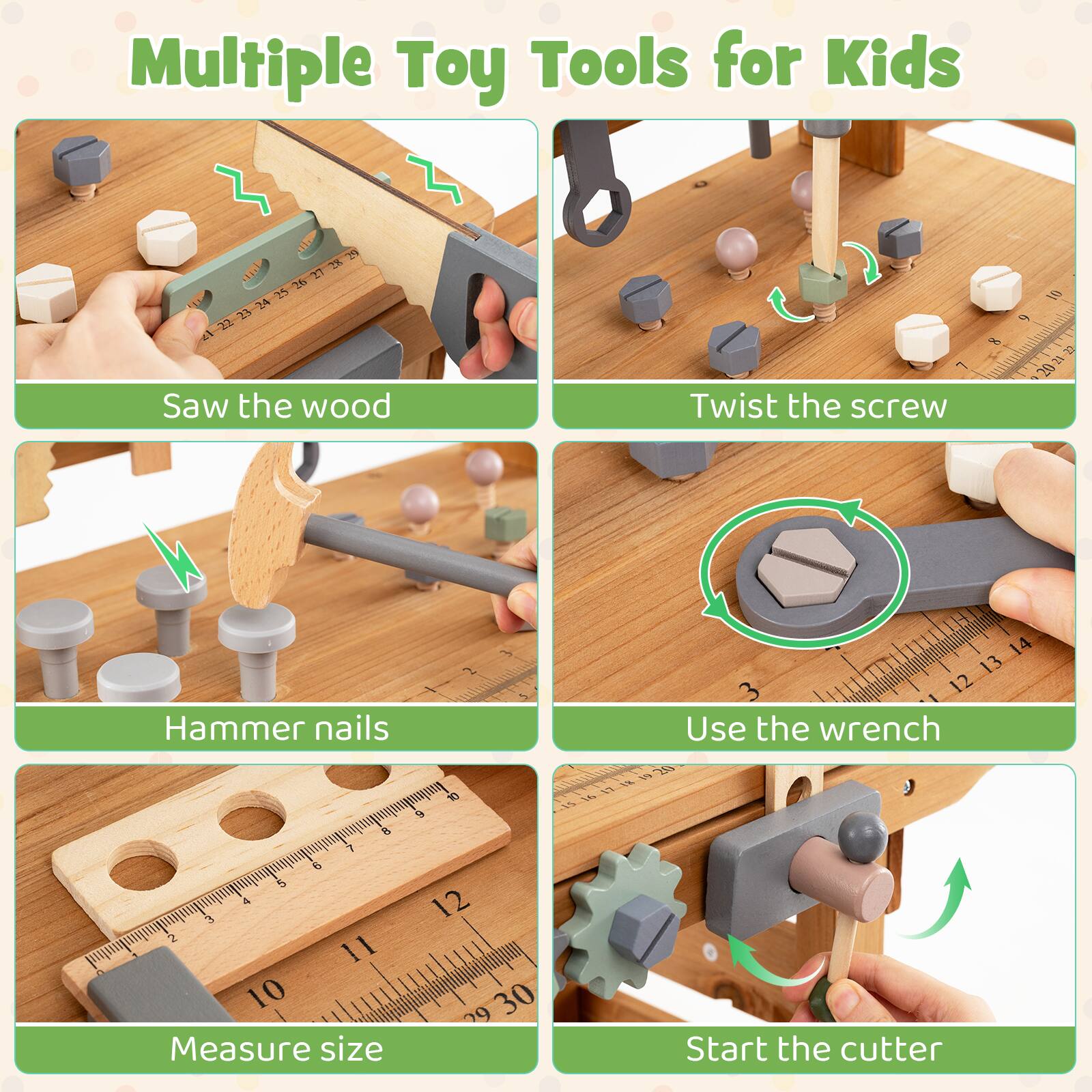Multiple Toy Tools for Kids

- Saw the wood
- Twist the screw
- Hammer nails
- Measure size
- Use the wrench
- Start the cutter