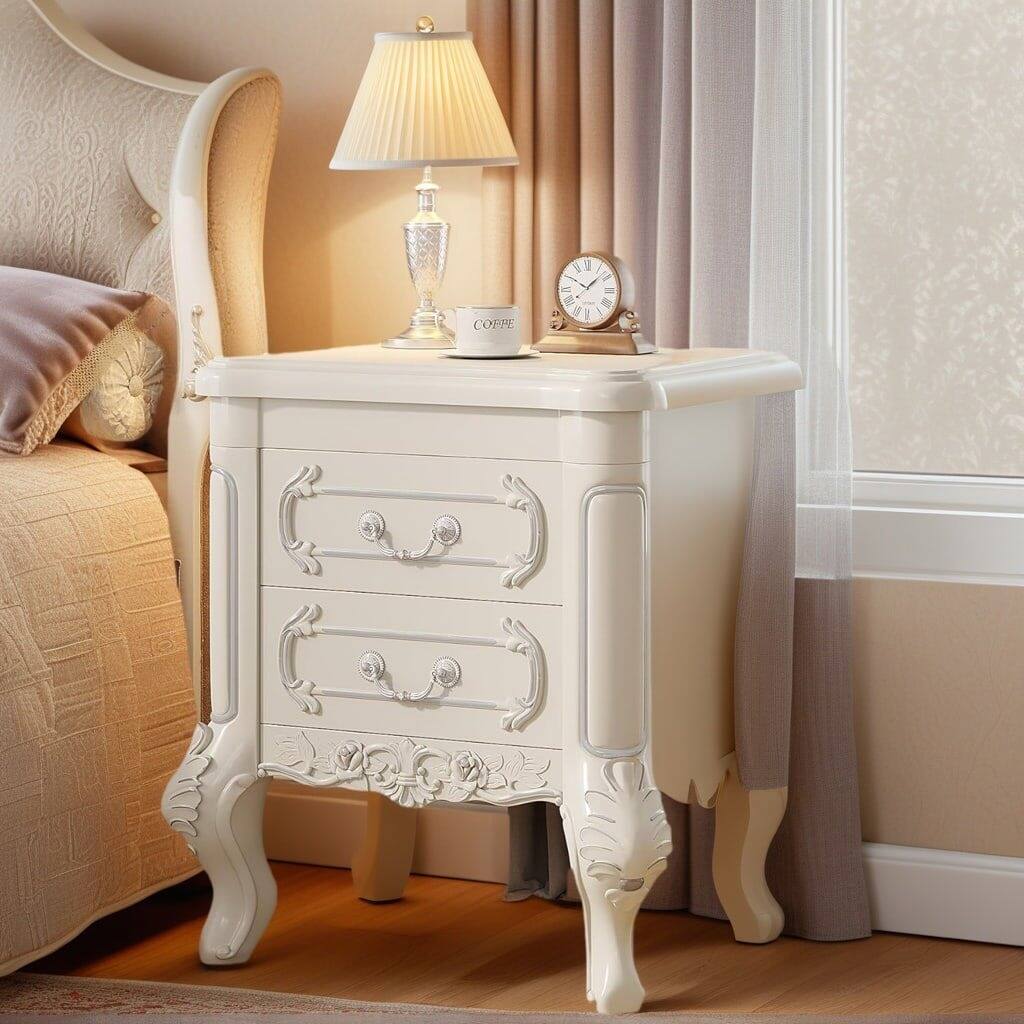 Angle. Kadyn - Kadyn Elegant Carved Nightstand, Dual Drawer End Table for Bedroom, Sturdy & Stylish, White - White.