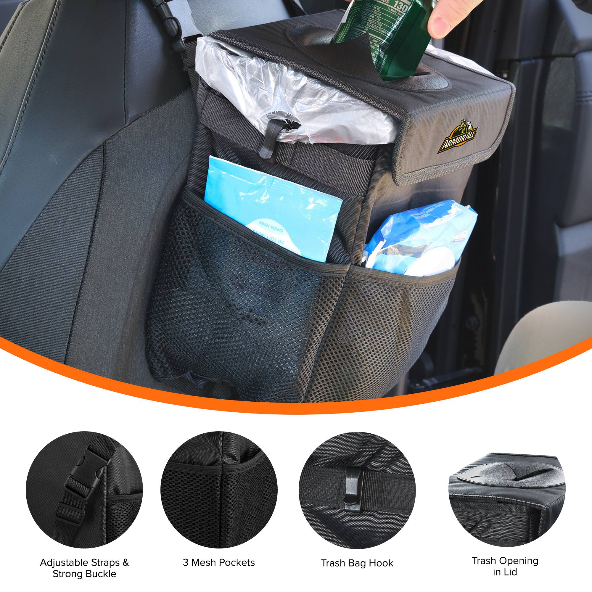 O - 130 oet I HNO BRTH aan .OC - 05 DE Adjustable Straps & Strong Buckle 3 Mesh Pockets Trash Bag Hook Trash Opening in Lid
