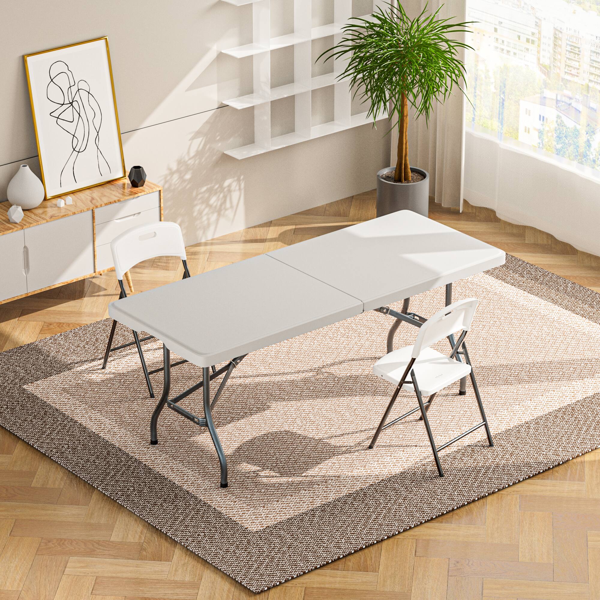 Angle. Decksplore - 71x29 Inch Portable Folding Table, Height-Adjustable for Indoor/Outdoor Events. Durable Plastic, Folds for Easy Storage. - White.