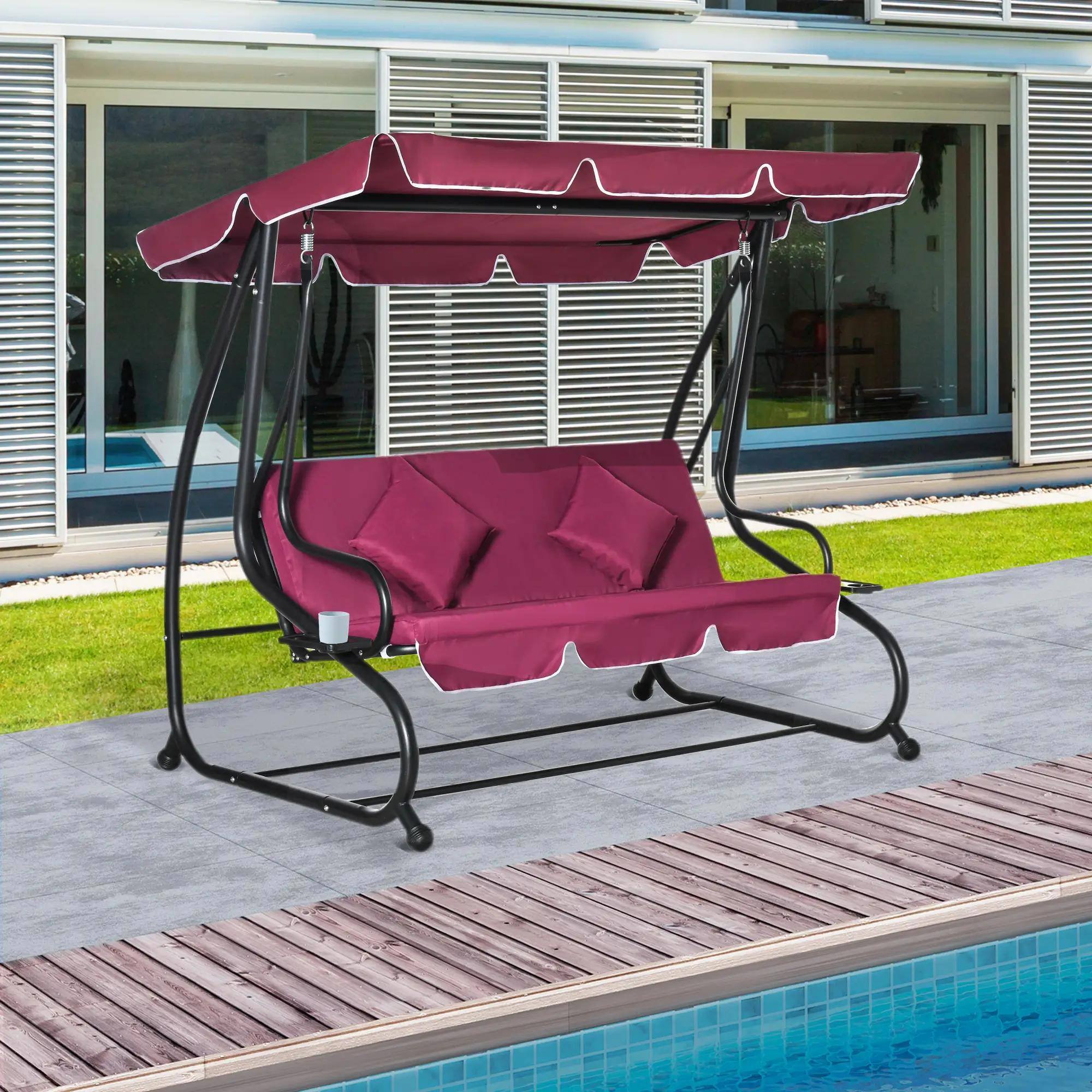 Back. Resenkos - Resenkos 3-Seat Swing Chair, Convertible Flatbed Glider With Adjustable Canopy, Wine Red.