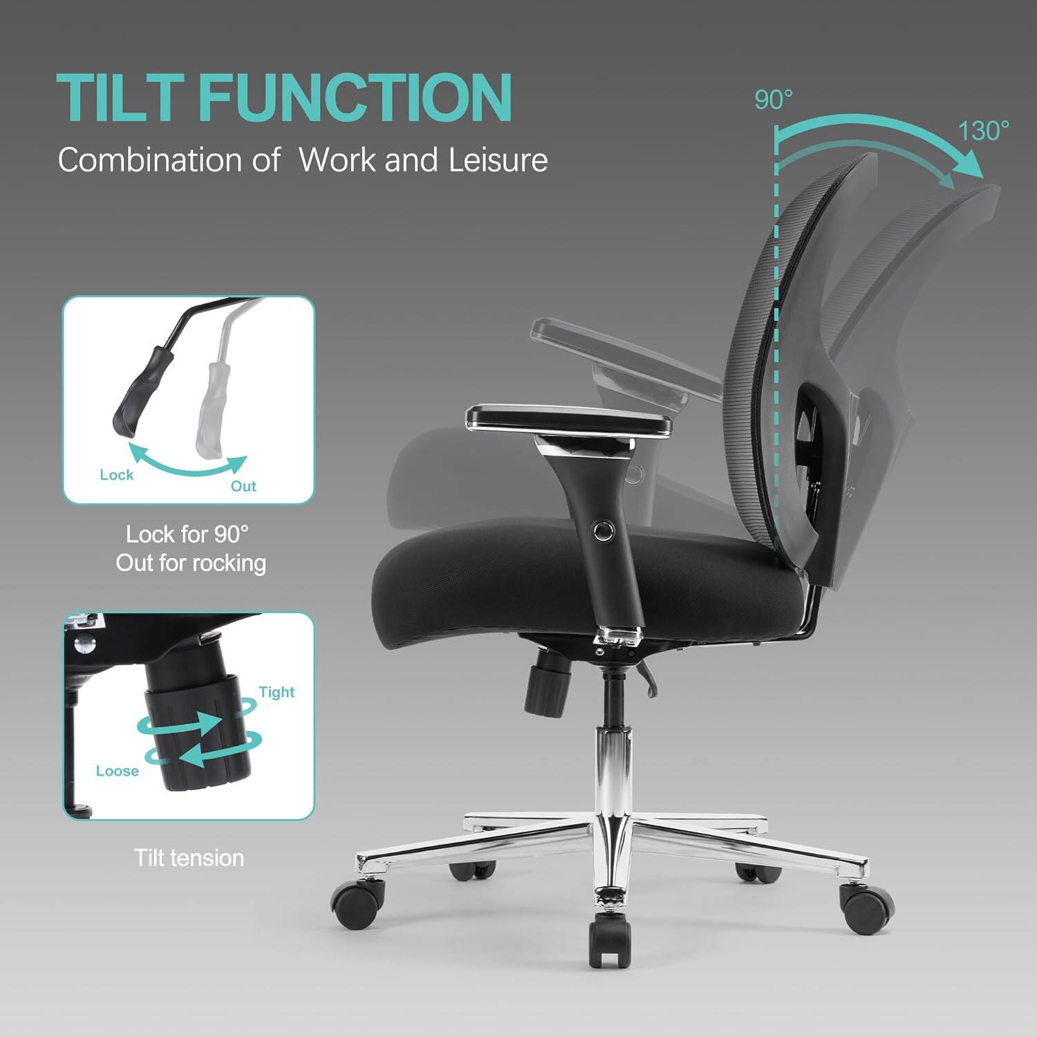 TILT FUNCTION  
Combination of Work and Leisure  

- Lock for 90° Out for rocking  
- Tilt tension: Tight Loose