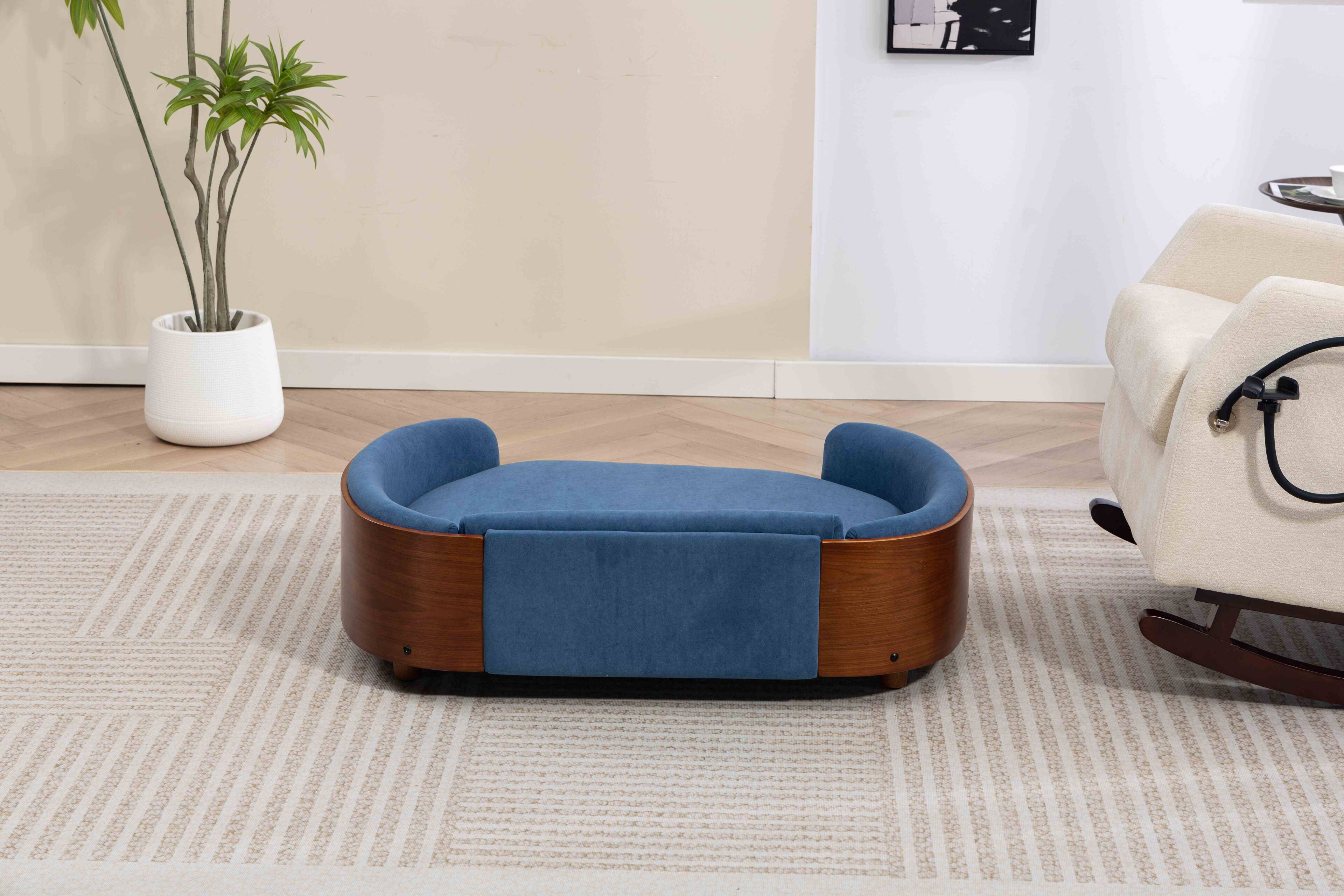 Left. APRILSOUL - Scandinavian style Elevated Dog Bed Pet Sofa With Solid Wood legs and Walnut Bent Wood Back Velvet Cushion Large Size - Blue.