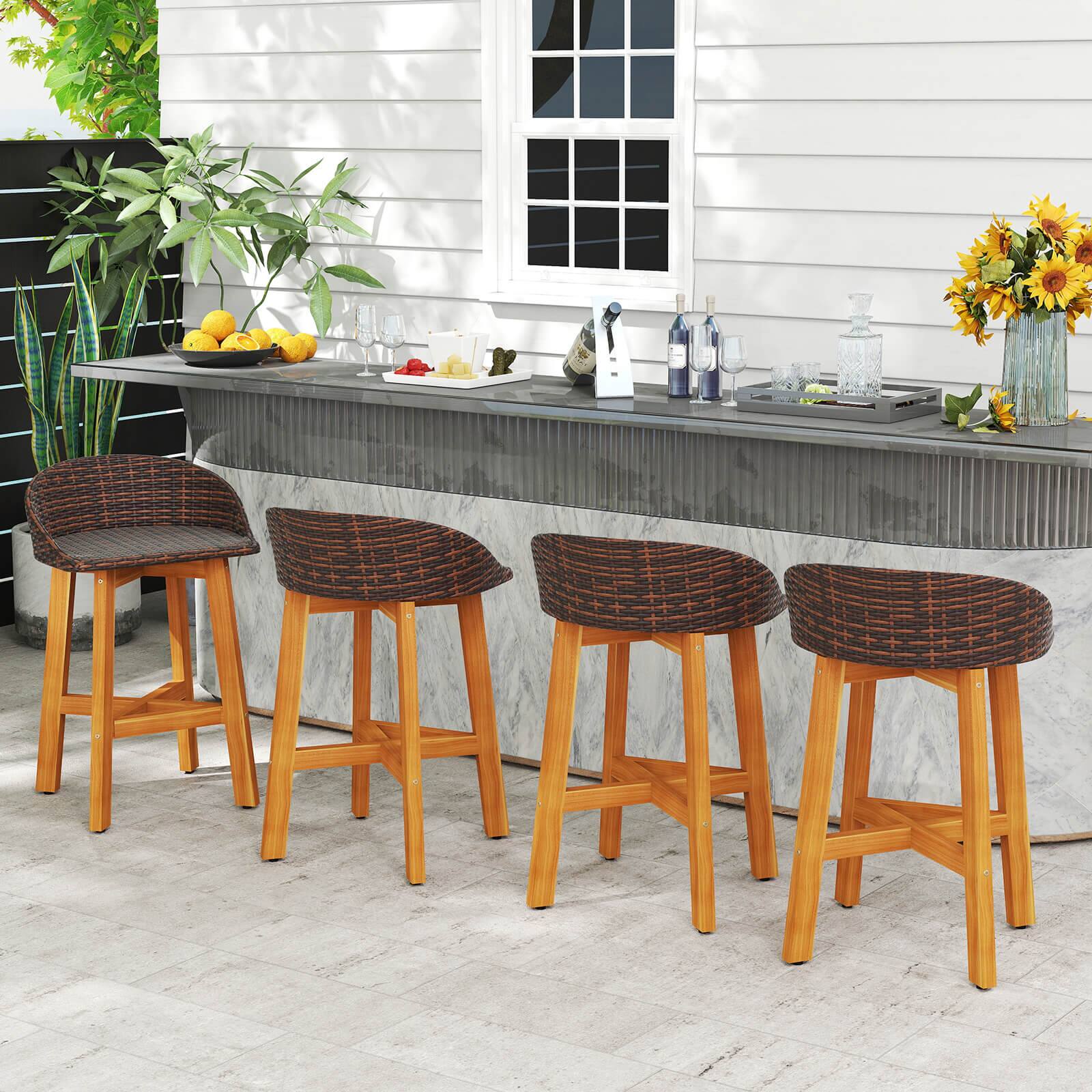 Alt View 2. Costway - Costway Outdoor Faux Rattan Bar Chairs Set of 4 Solid Acacia Wood Bar Stools for Porch - Brown.
