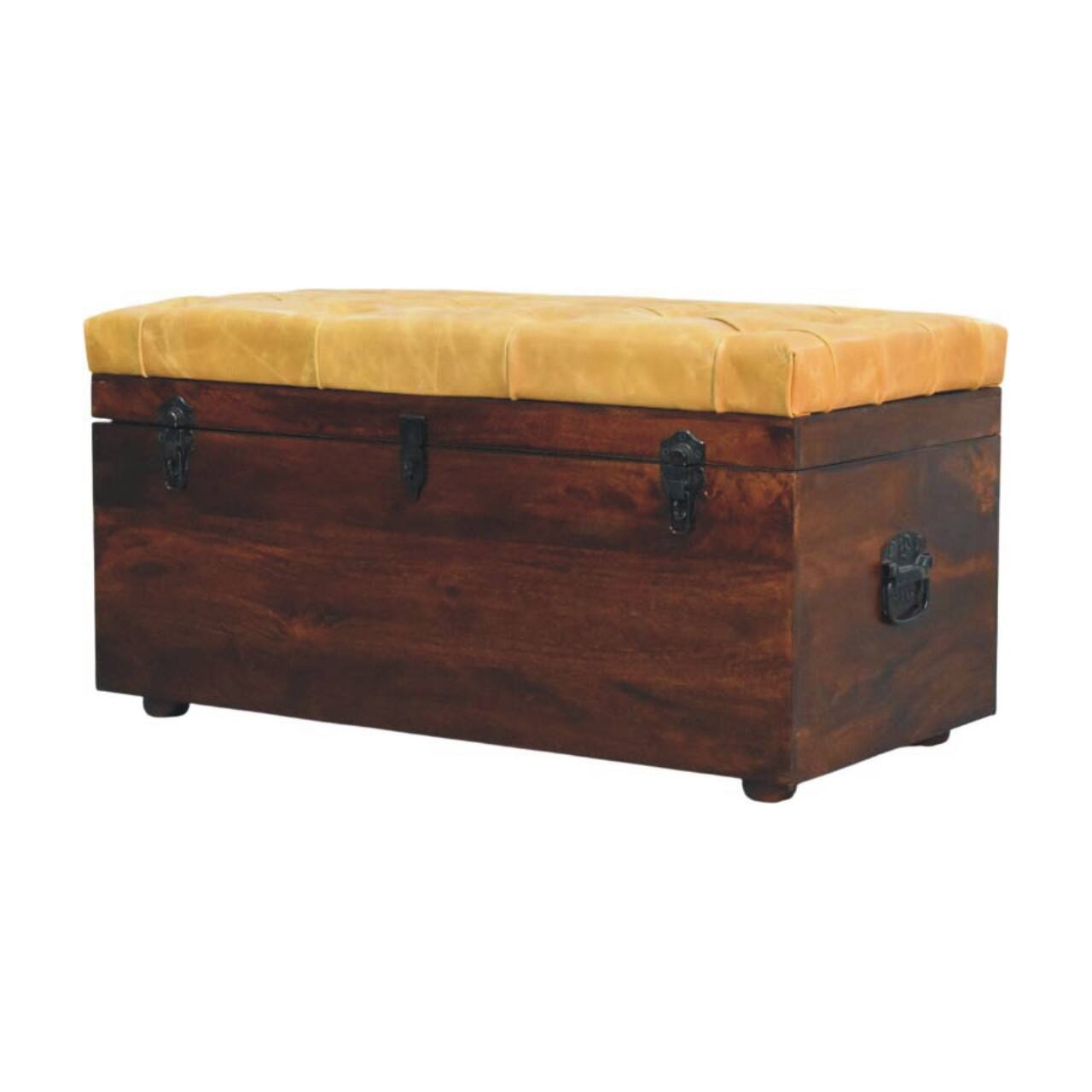 Left. Artisan Furniture - Artisan Furniture Solid Wood Walnut Storage Trunk Bench with Tan Leather, Orange and Dark Brown - Orange And Brown.
