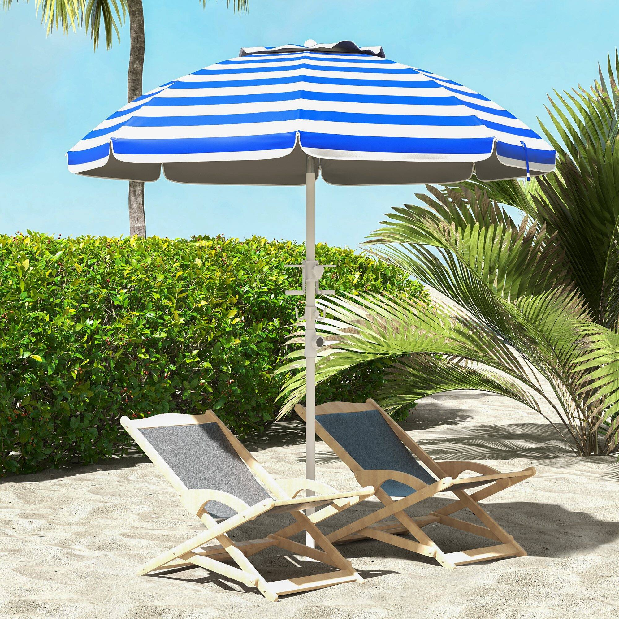 Angle. Outsunny - 5.7' Portable Beach Umbrella with Tilt, Adjustable Height, 2 Cup Holders & Hooks, UV 40+ Ruffled Outdoor Umbrella - Blue White Stripe.