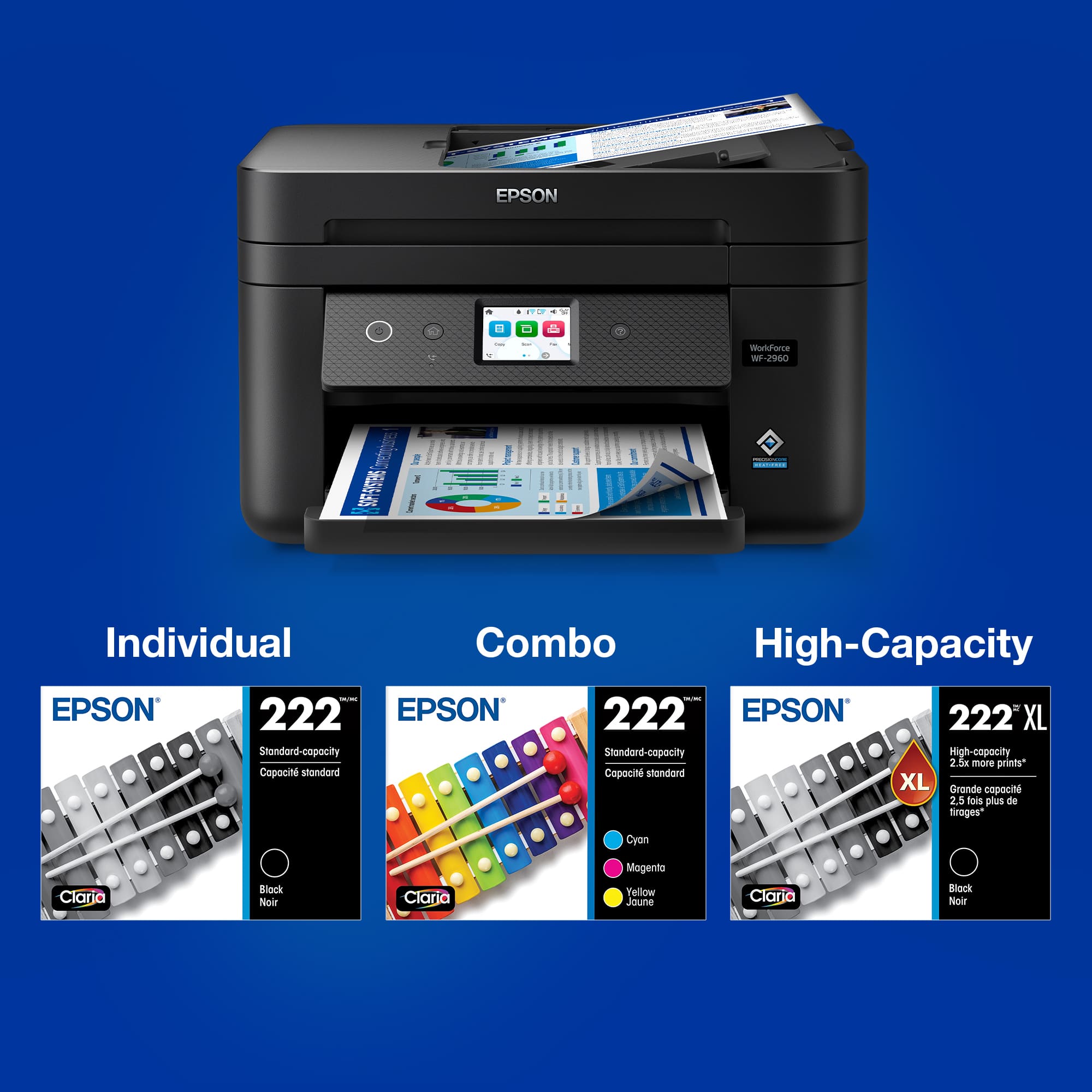 EPSON - 222 - Individual - Standard-capacity - 2.5g more prints* - Cyan, Magenta, Yellow, Black - Claria Ink Cartridges - 222 - Combo - High-capacity - 2.5g more prints* - Cyan, Magenta, Yellow, Black - Claria Ink Cartridges - 222 XL - High-capacity - 2.5g more prints* - Cyan, Magenta, Yellow, Black - Claria Ink Cartridges - 222 XL - Standard-capacity - 2.5g more prints* - Cyan, Magenta, Yellow, Black - Claria Ink Cartridges