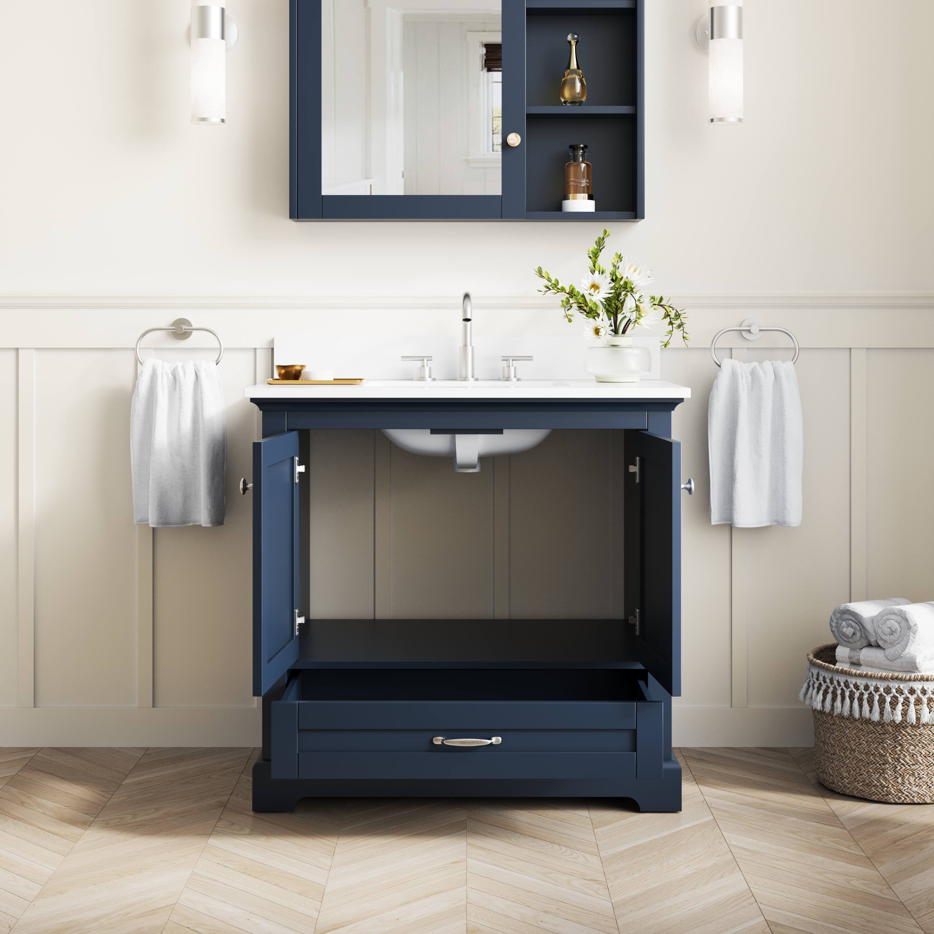 Left. WELLFOR - LVD 36 in. Solid Wood Single Sink Freestanding Bath Vanity with Culutered Marble Top, Assembled - Navy Blue.