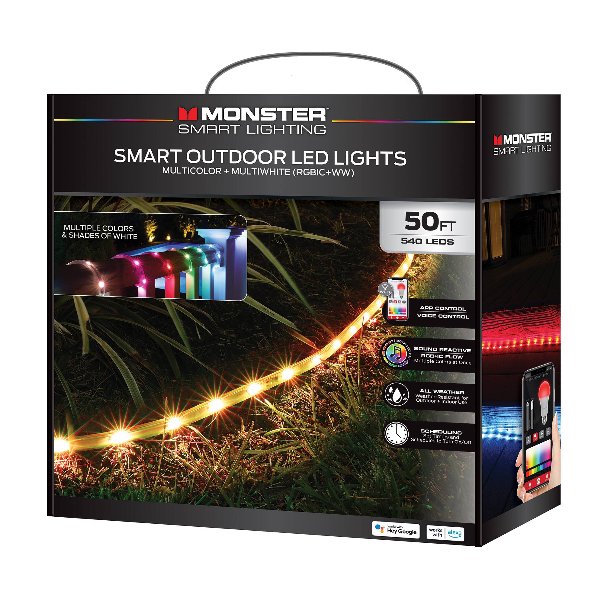MONSTER SMART LIGHTING SMART OUTDOOR LED LIGHTS MULTICOLOR + MULTIWHITE (RGBIC+WW) M MONSTER SMART LIGHTING MULTIPLE COLORS & SHADES OF WHITE 50FT FT 540 LEDS PUDS - APP CONTROL VOICE CONTROL - WMM SOUND REACTIVE DOT ROB-C FLOW Multiple Colors an Once - ALL WEATHER Weather weather-resistant for Outdoor Use - SCHEDULING Schedules and Timers - Hey Google works with alexa