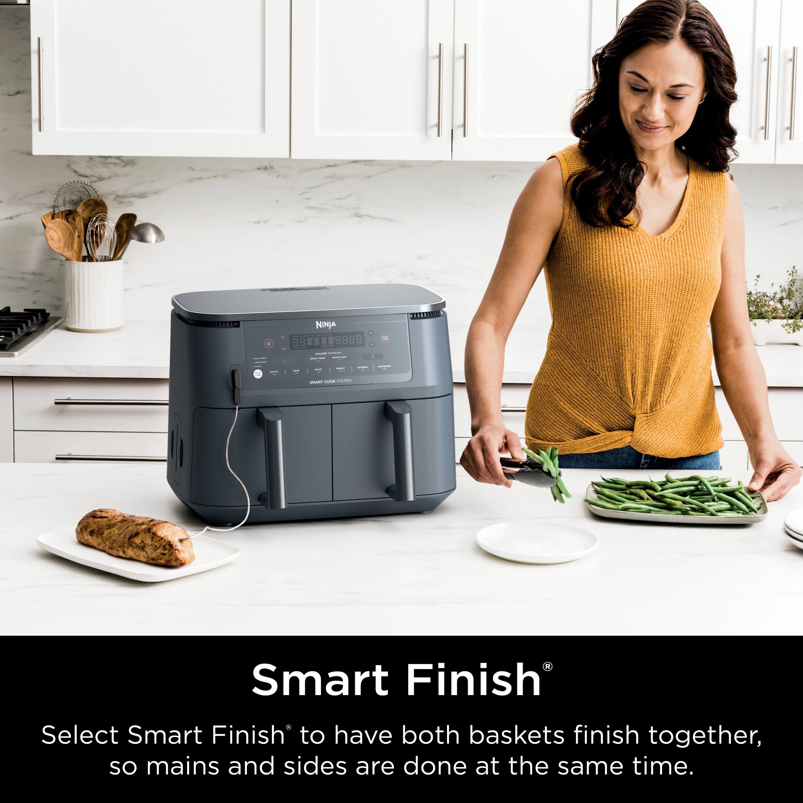 NINJA - B8LL 888888888 888 13 ee - | - - - A Smart Finish Select Smart Finish to have both baskets finish together, so mains and sides are done at the same time.
