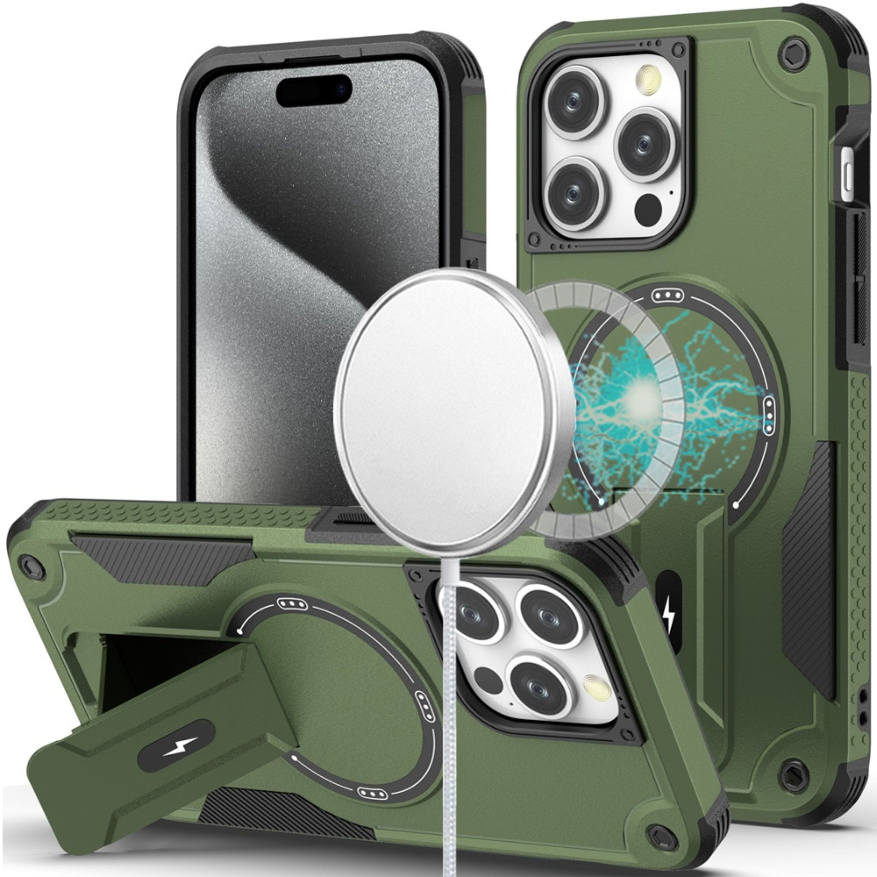 Kitcheniva - Rugged Magnetic Grip Stand Case With Tempered Glass For iPhone 15 Pro Max - Midnight Green price history on PriceWatchPro