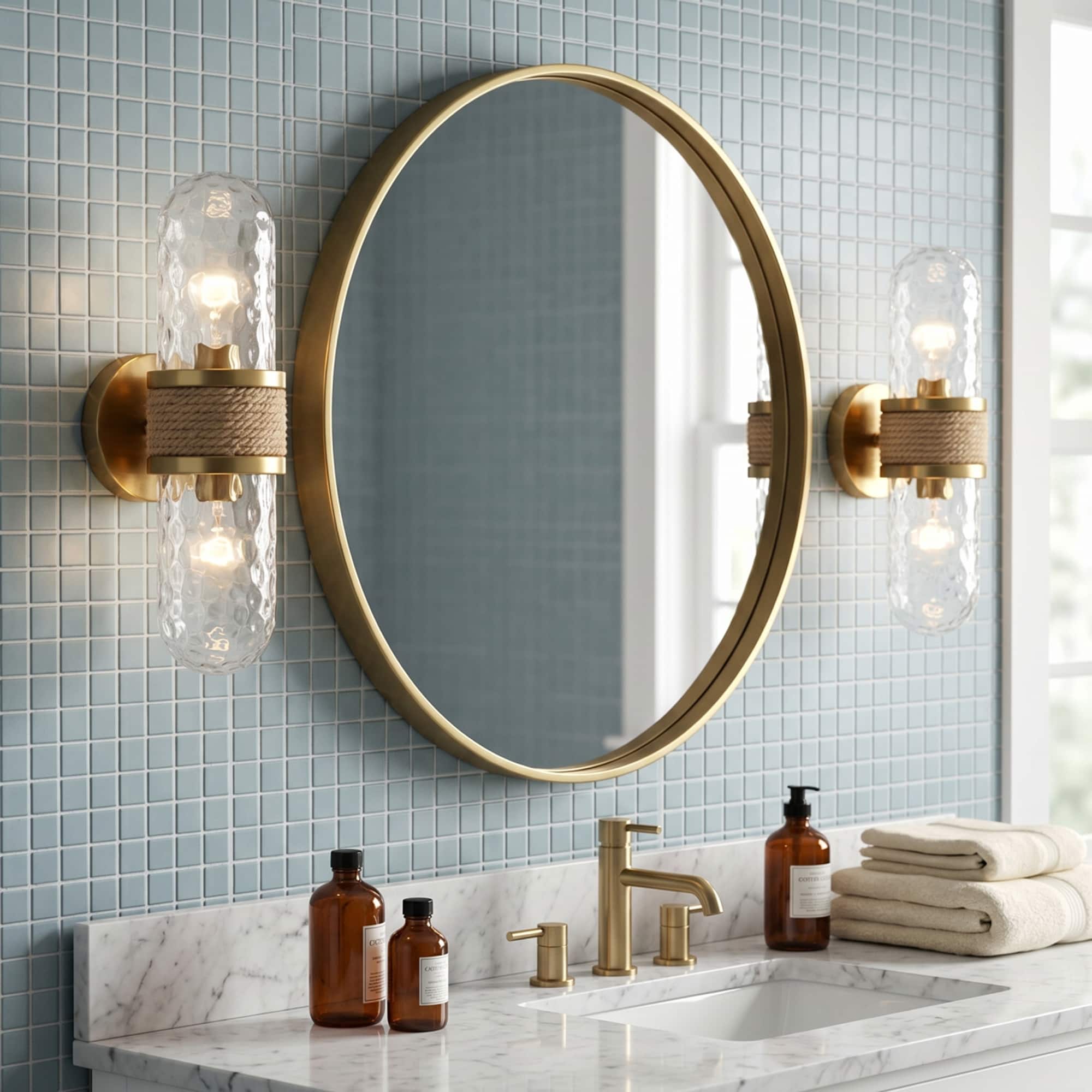 Parrot Uncle - Modern 2-Light Glass Rattan Jute Rope Bathroom Vanity Light Fixture - Gold
